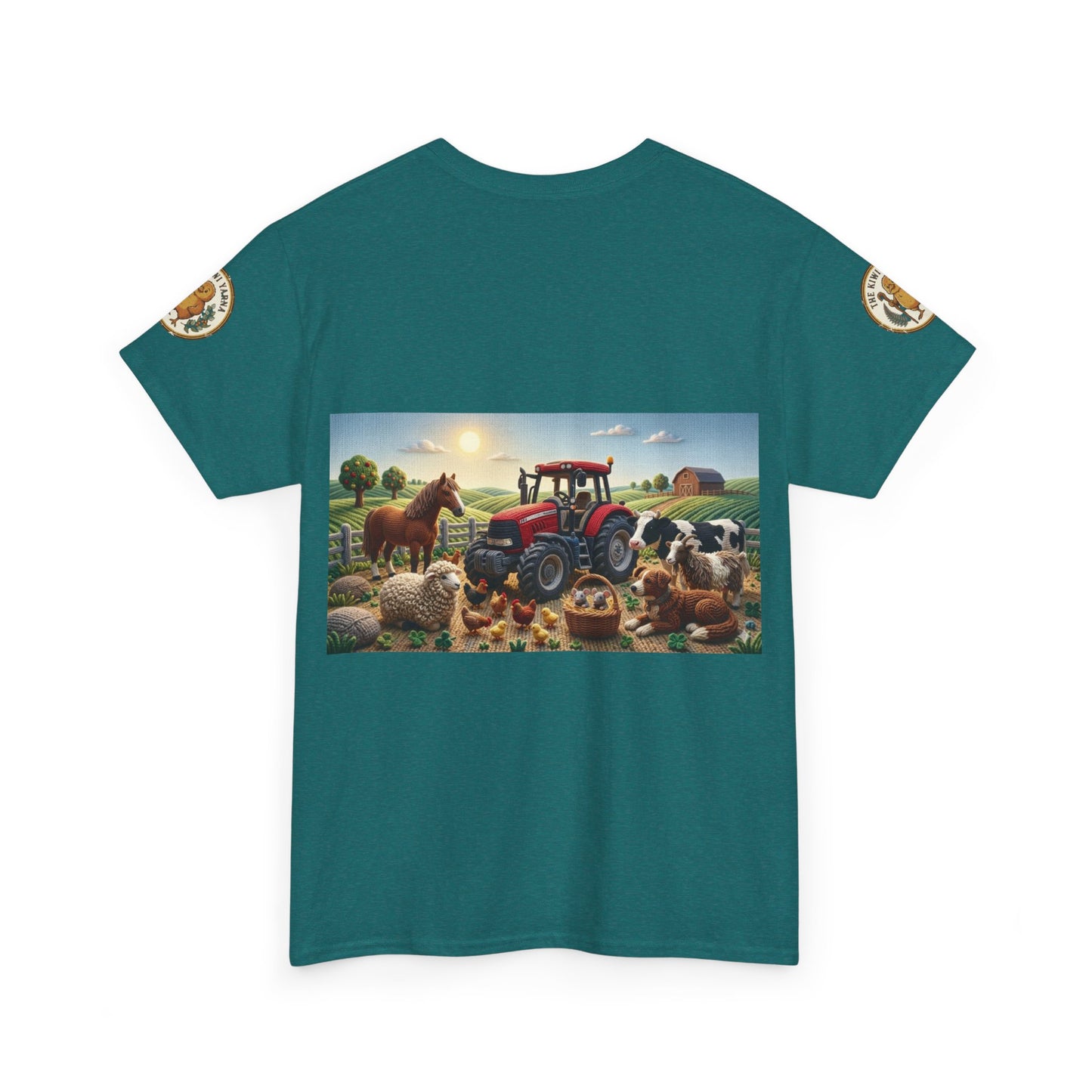 Teal T-shirt with tractor and farm animals rectangular graphic