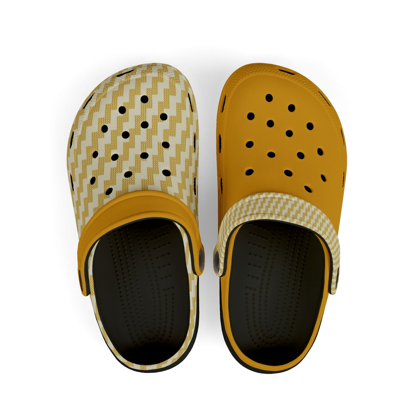 Pair of dark clogs with chevron knit and mustard outsoles, perforated top