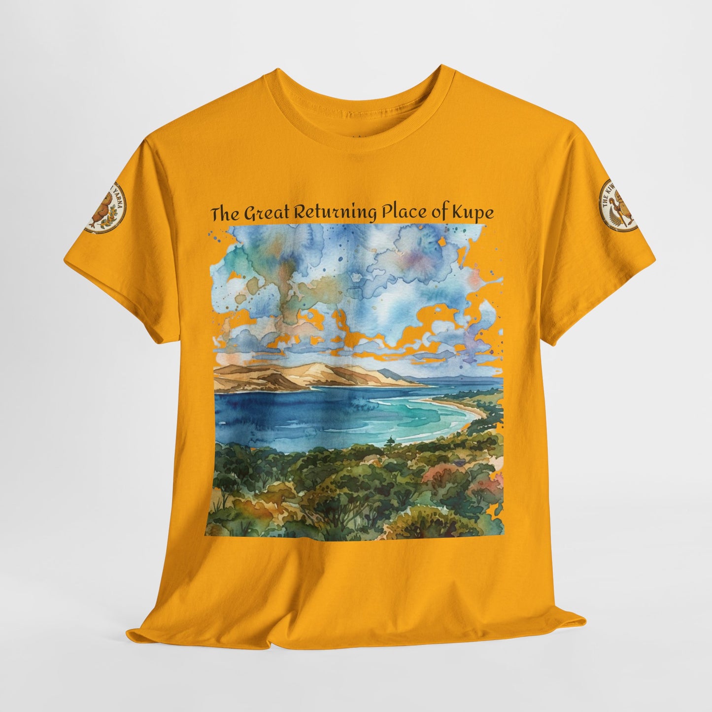 Yellow T-shirt with front landscape print and small shoulder logo patches