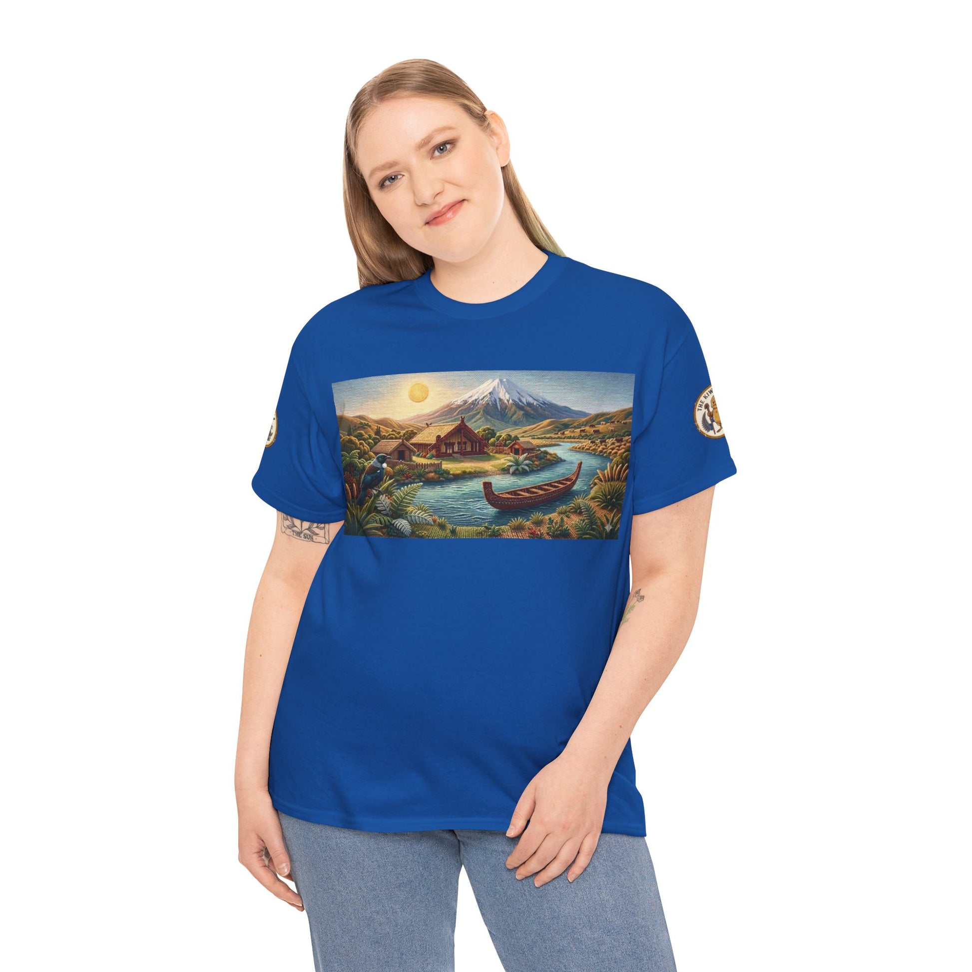 Royal blue crewneck T-shirt with landscape canoe graphic panel