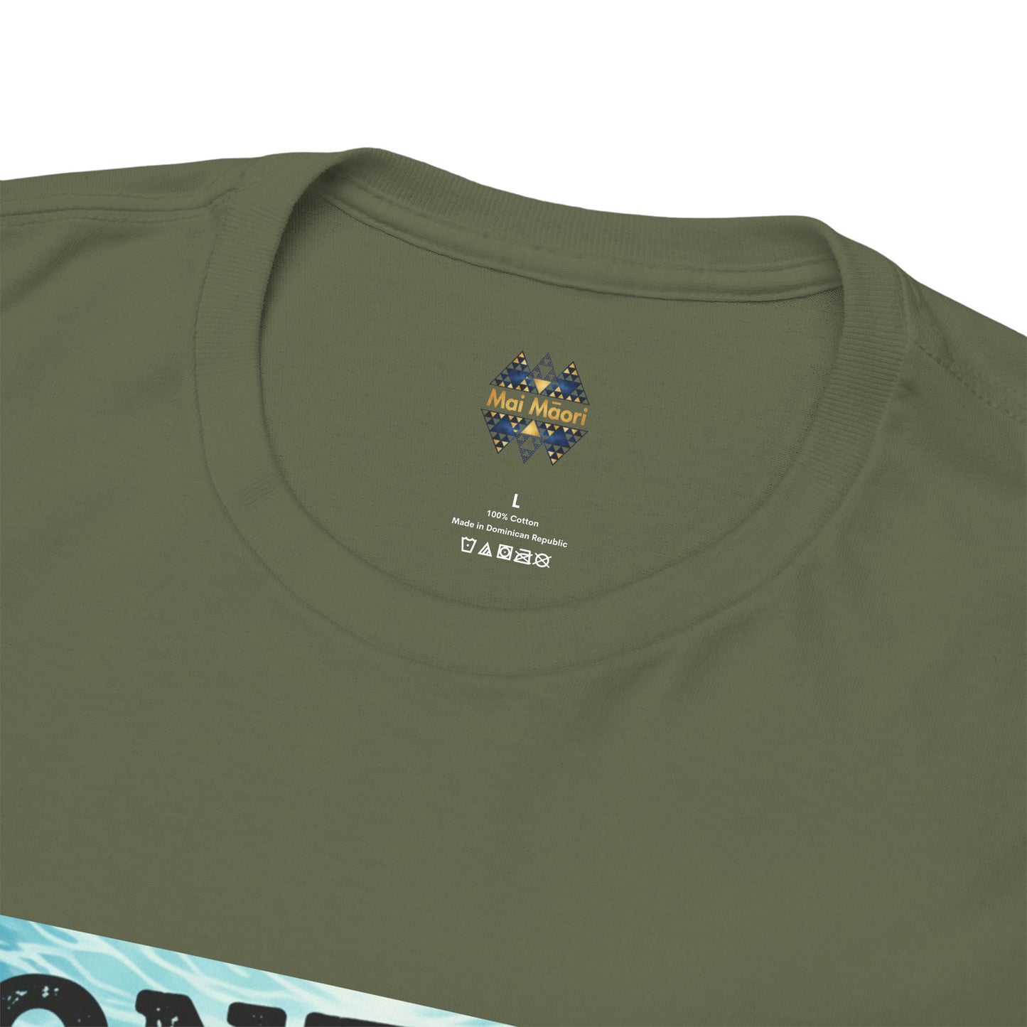 Olive green t-shirt neckline with small chest logo and tiny label