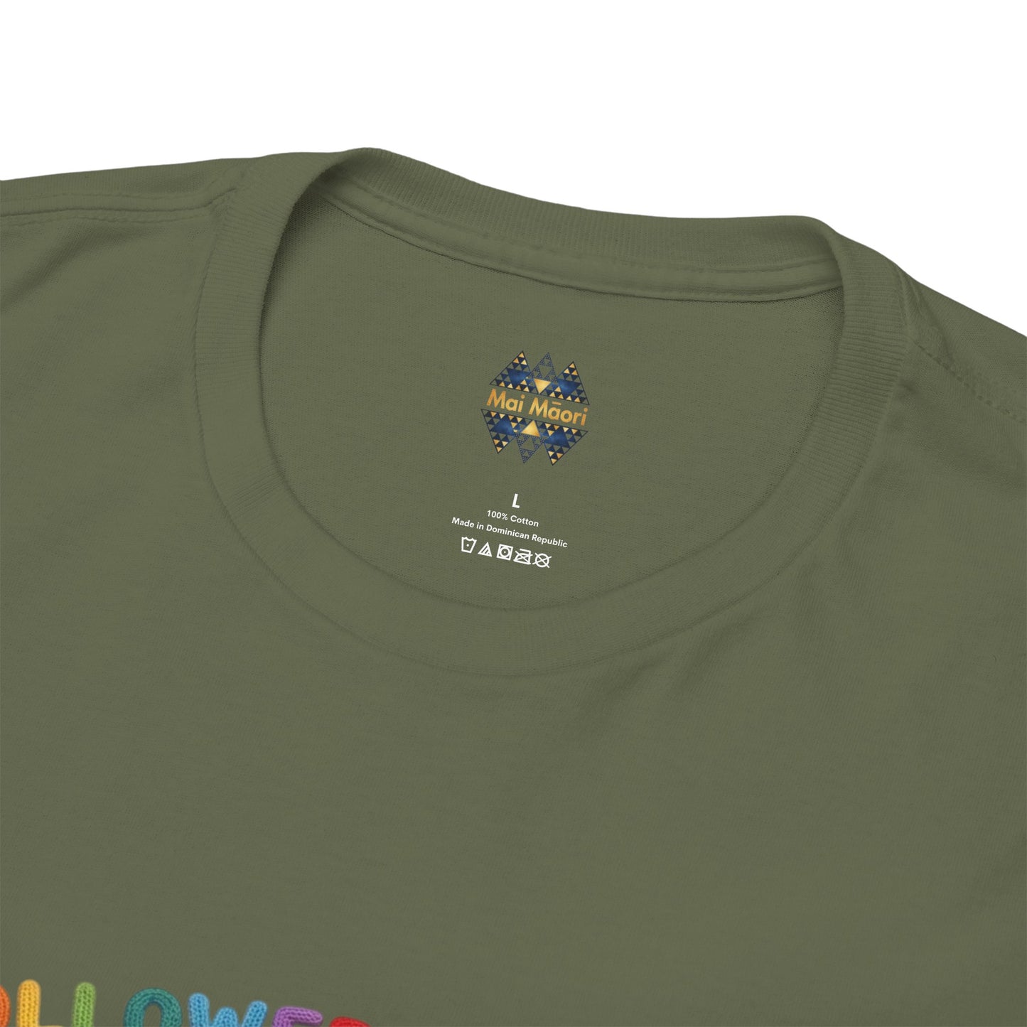 Olive green T-shirt close-up of small chest logo and crew neckline