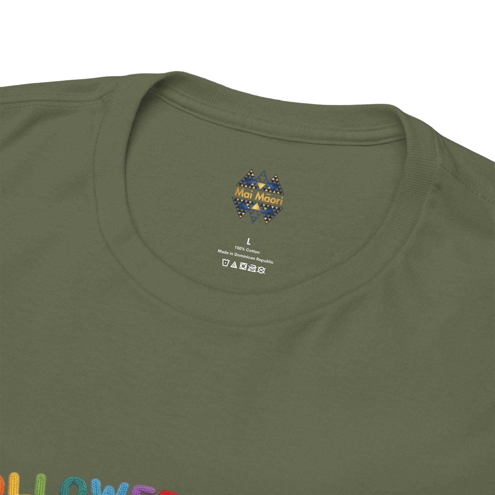 Olive green T-shirt close-up of small chest logo and crew neckline