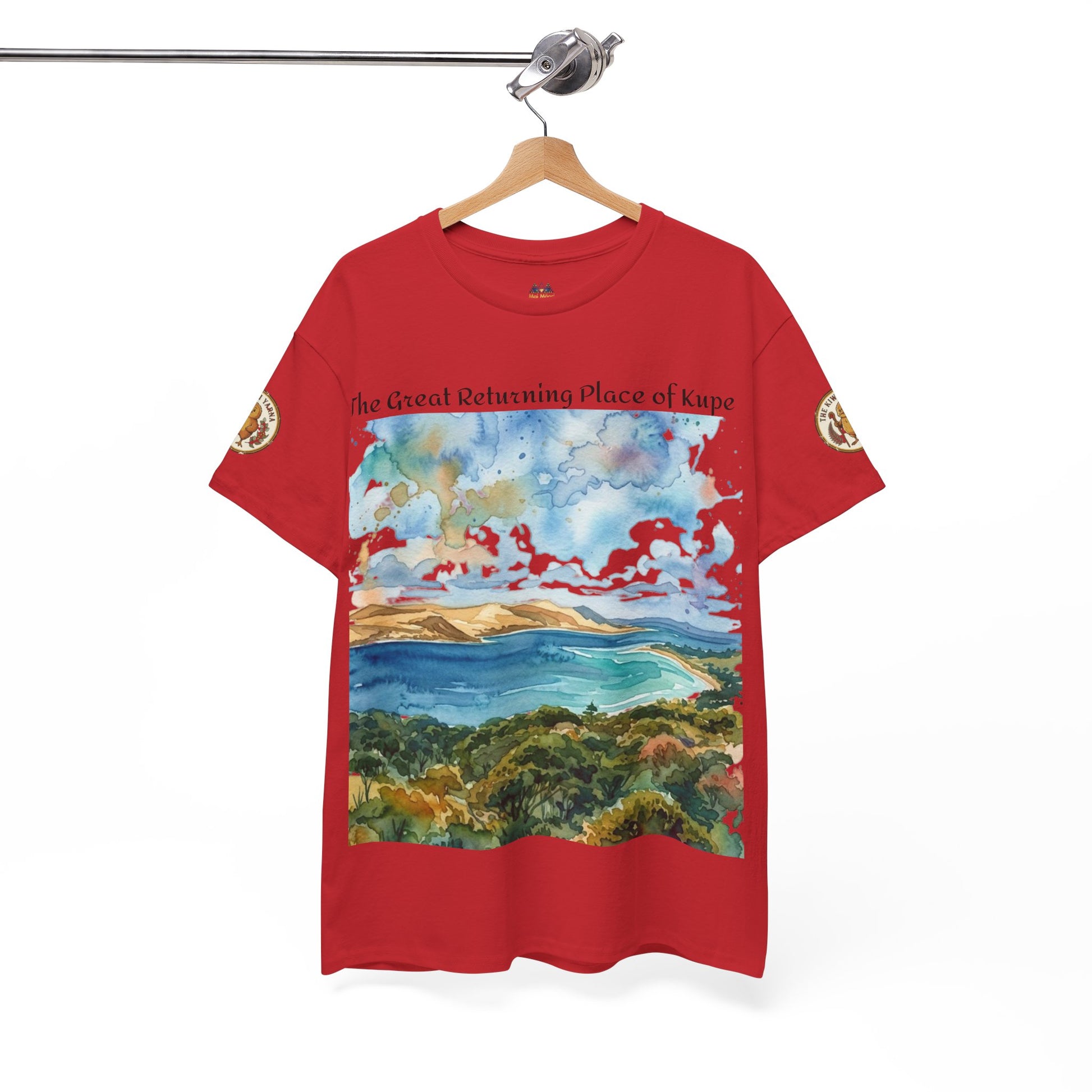 Red crew-neck graphic T-shirt on hanger with landscape panel print and gold sleeve patch.
