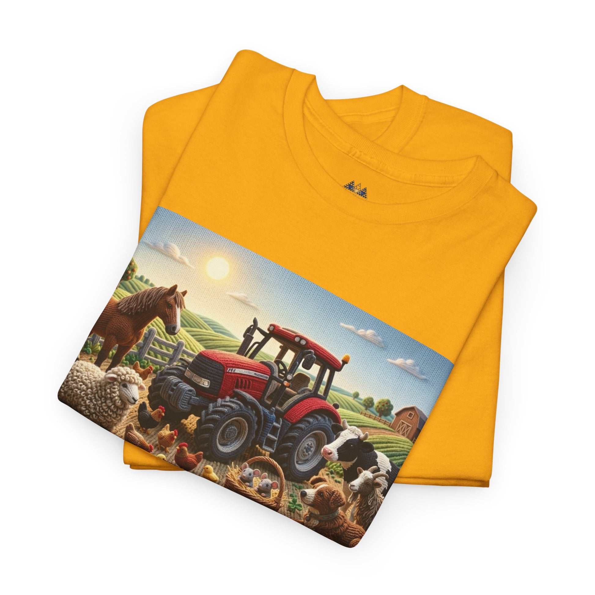 Mustard yellow graphic T-shirt with large farm scene print across chest