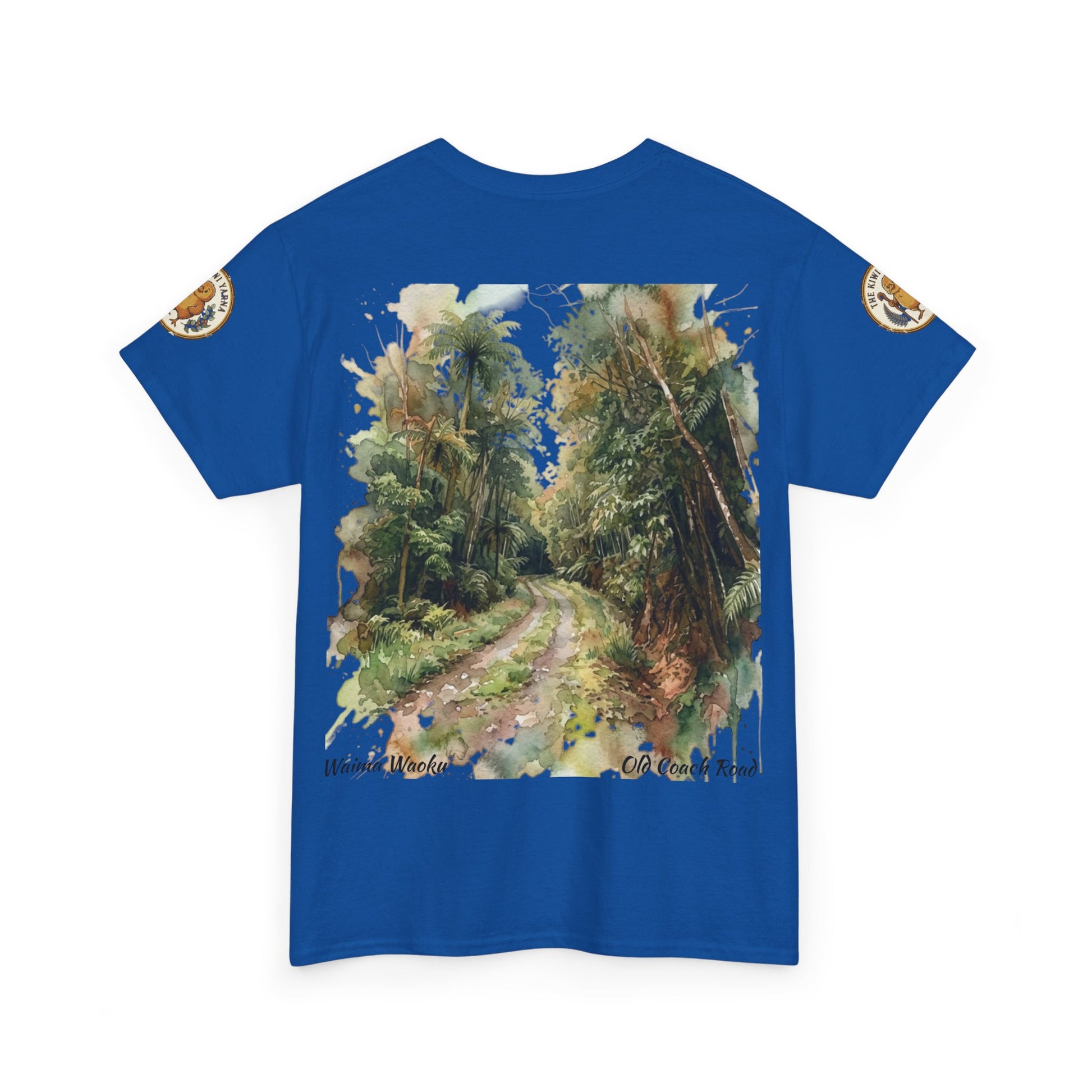 Royal blue T-shirt with large forest path graphic on front