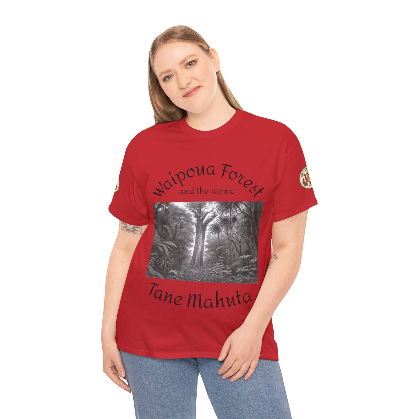 Red crewneck T-shirt on model with black-and-white forest print and Tane Mahuta text
