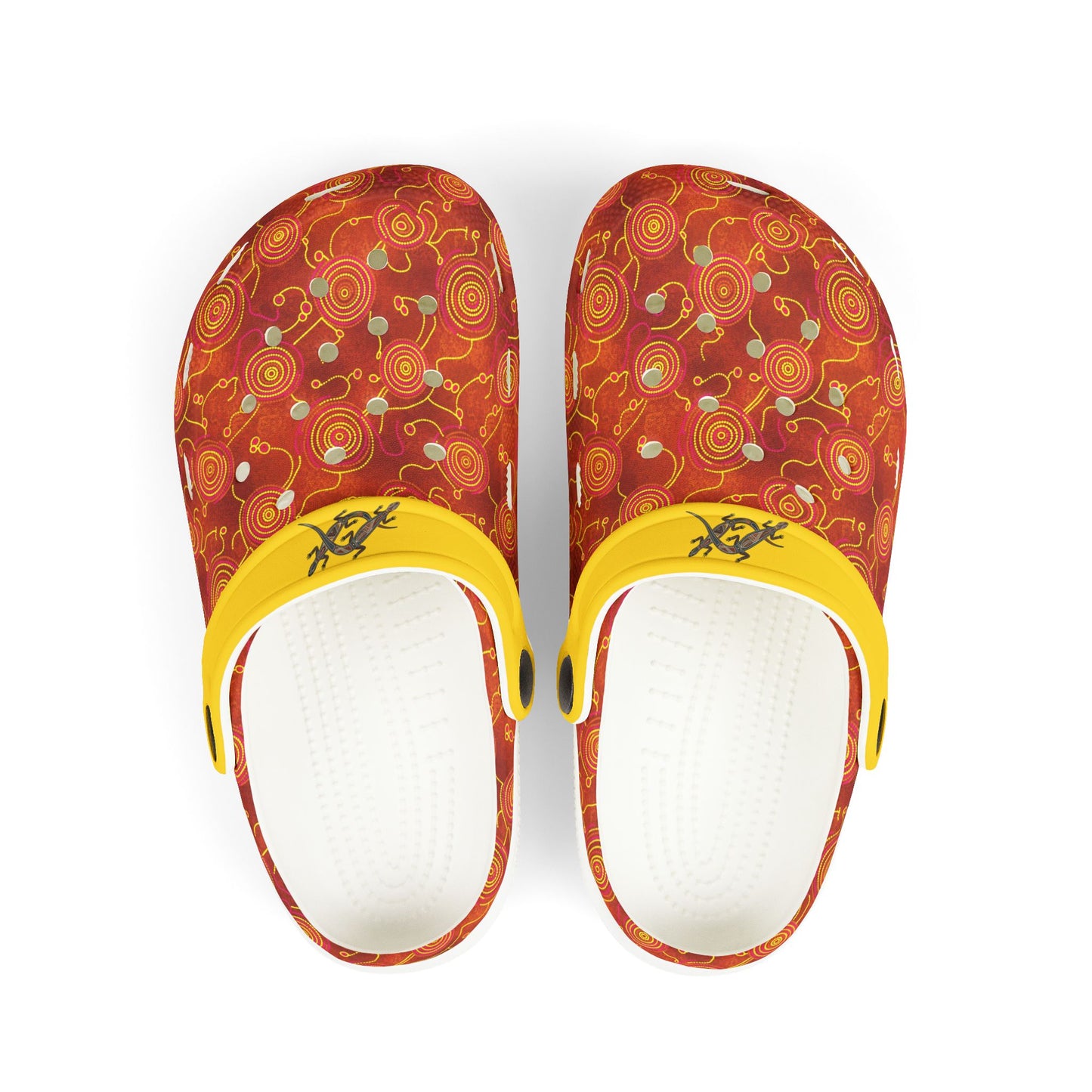 Aboriginal art casual clog shoe, red patterned upper with yellow strap and white footbed