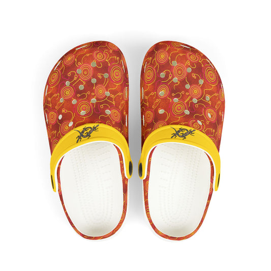 Aboriginal art casual clog shoe, red patterned upper with yellow strap and white footbed