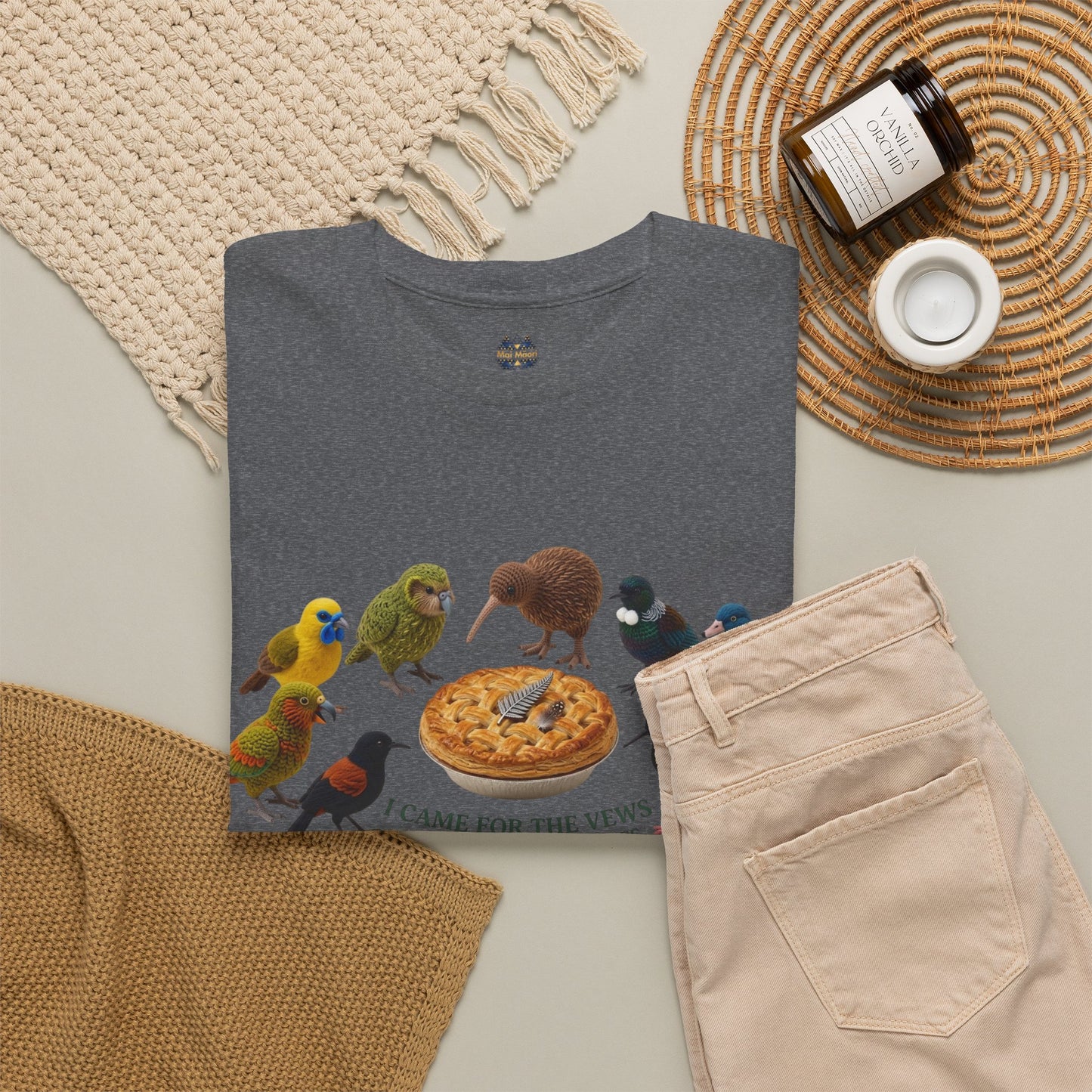 Heather gray crewneck T-shirt with pizza and colorful birds graphic