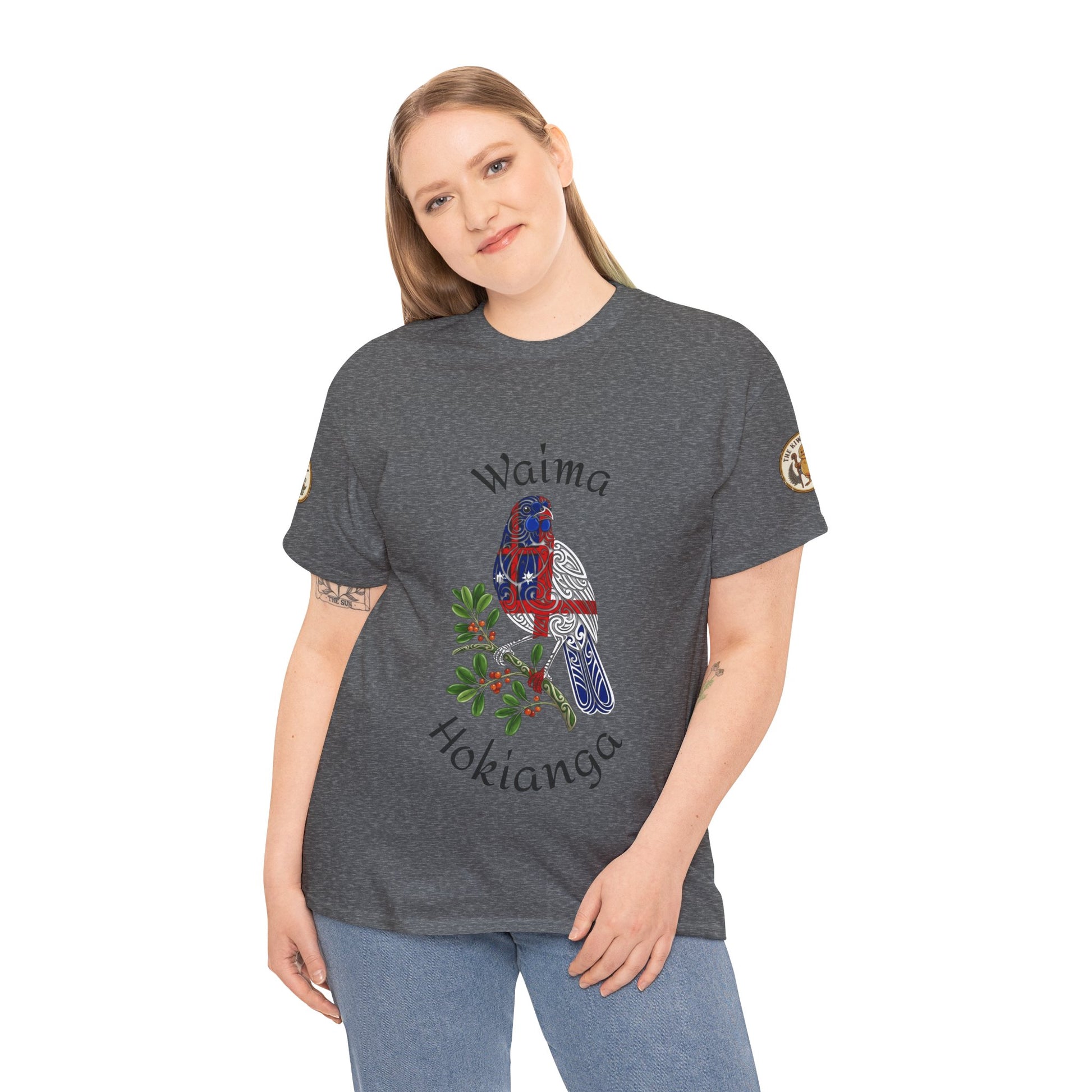 Heather gray T-shirt on model with front bird graphic and script text
