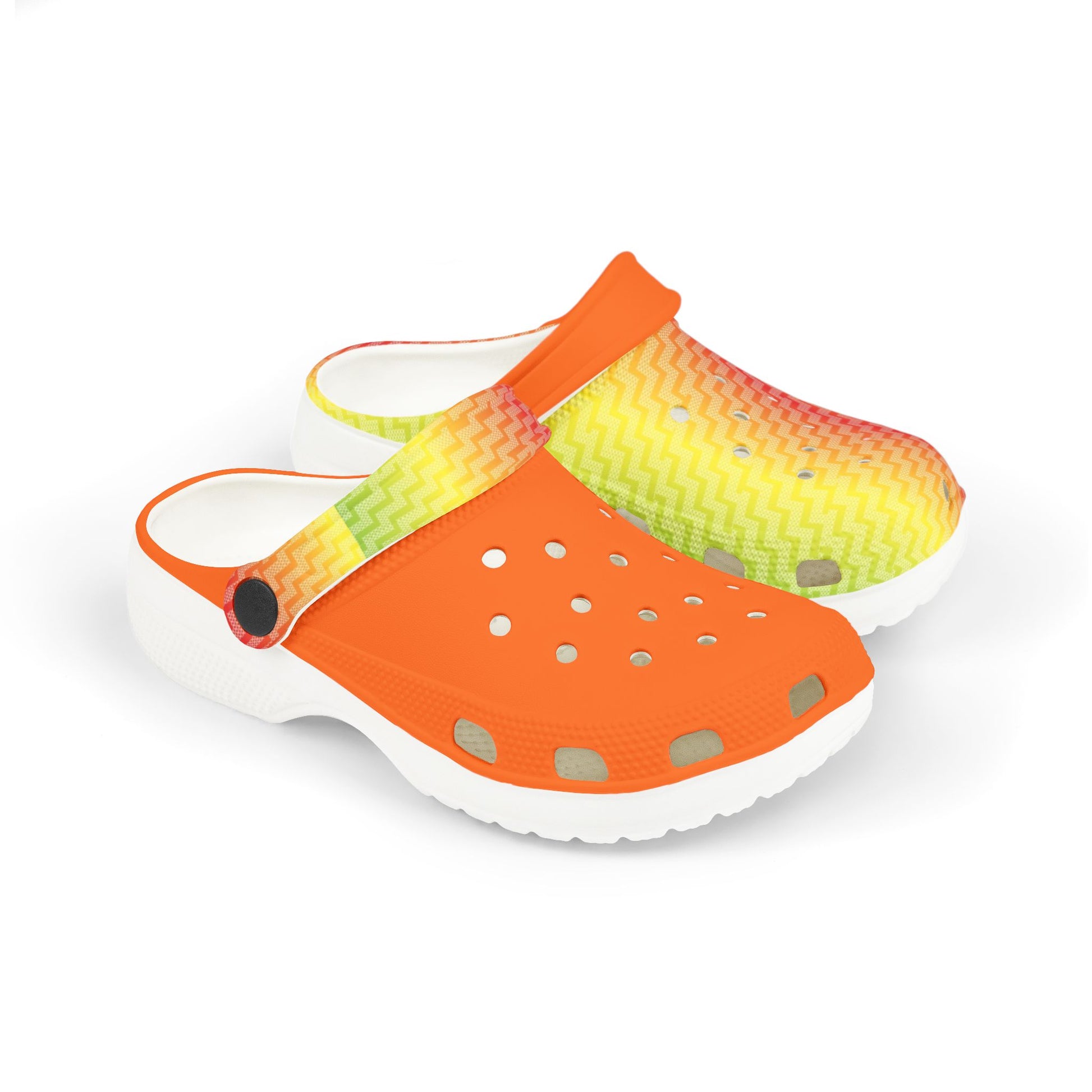 Croc-style slip-on clogs with orange upper, multicolor zigzag band, and perforations