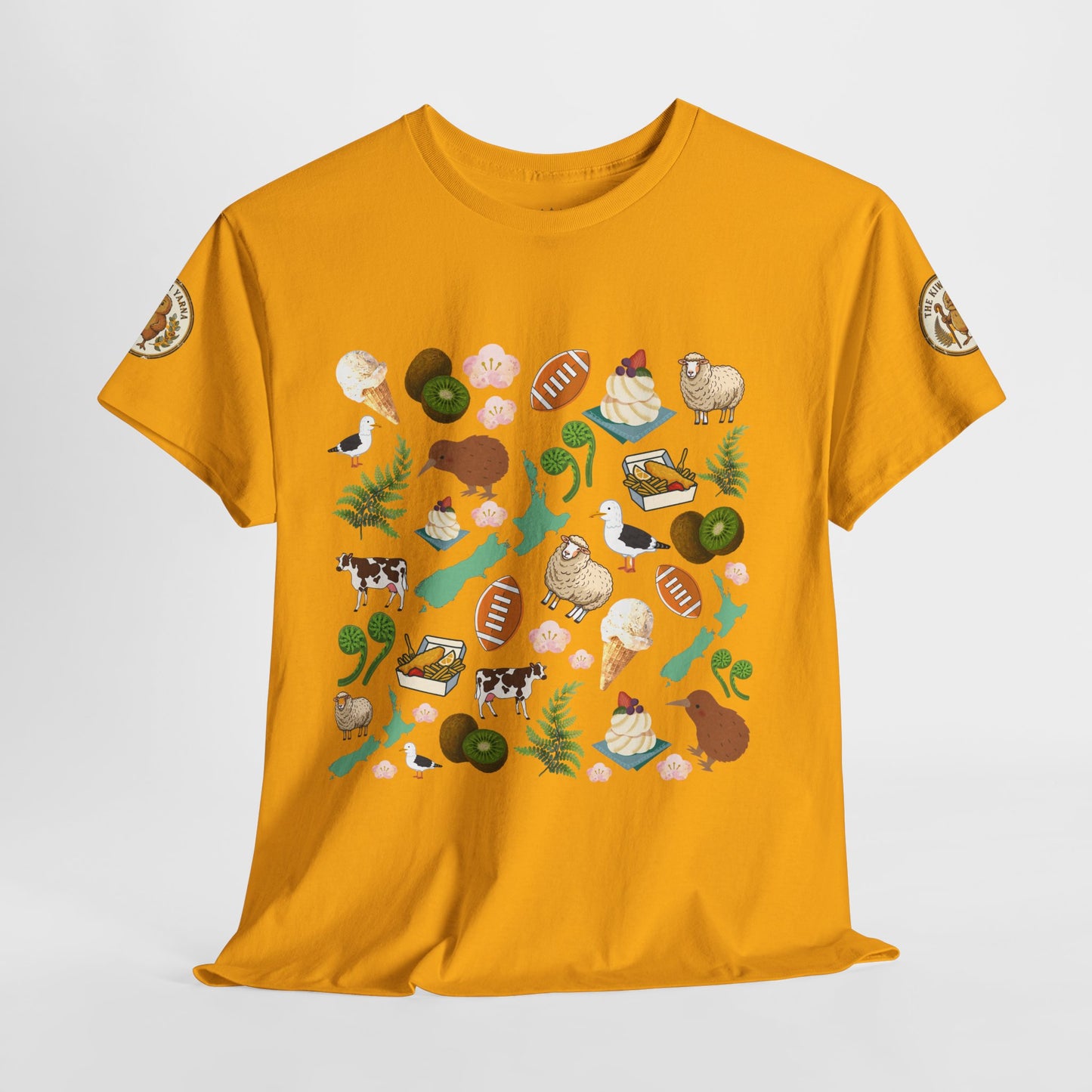 Mustard yellow crewneck graphic T-shirt with collage of kiwi, ferns, and animals