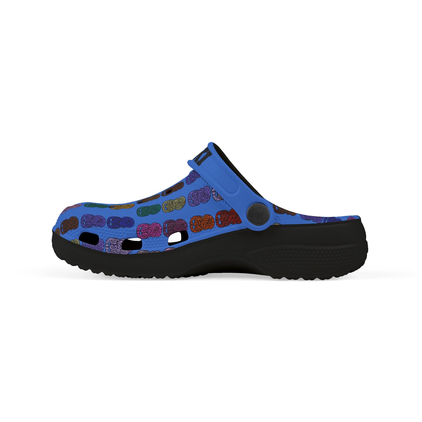 Kids casual clog shoes, side angle: blue patterned upper with black tread sole