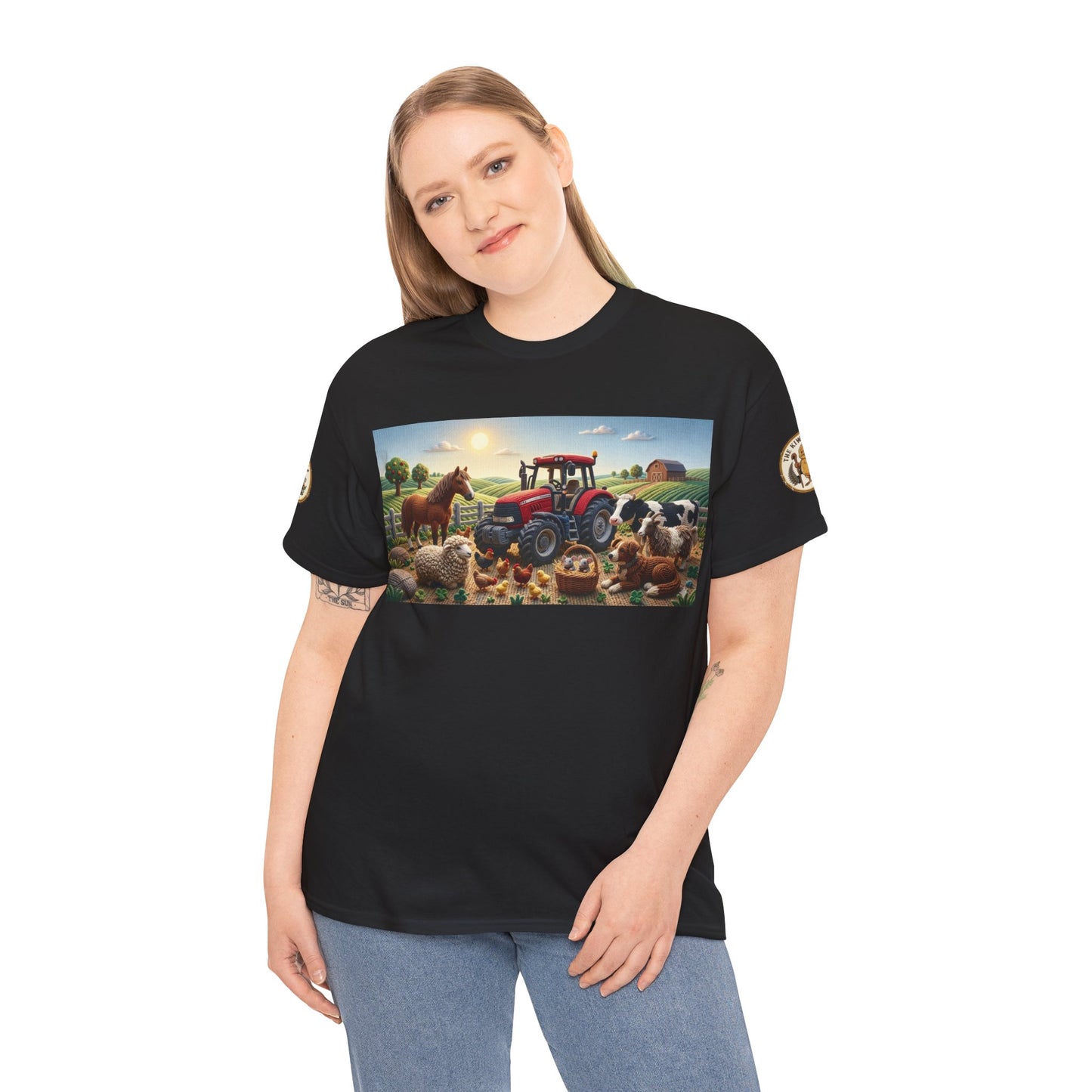 Black crewneck T-shirt with rectangular farm tractor and animal scene on the chest.