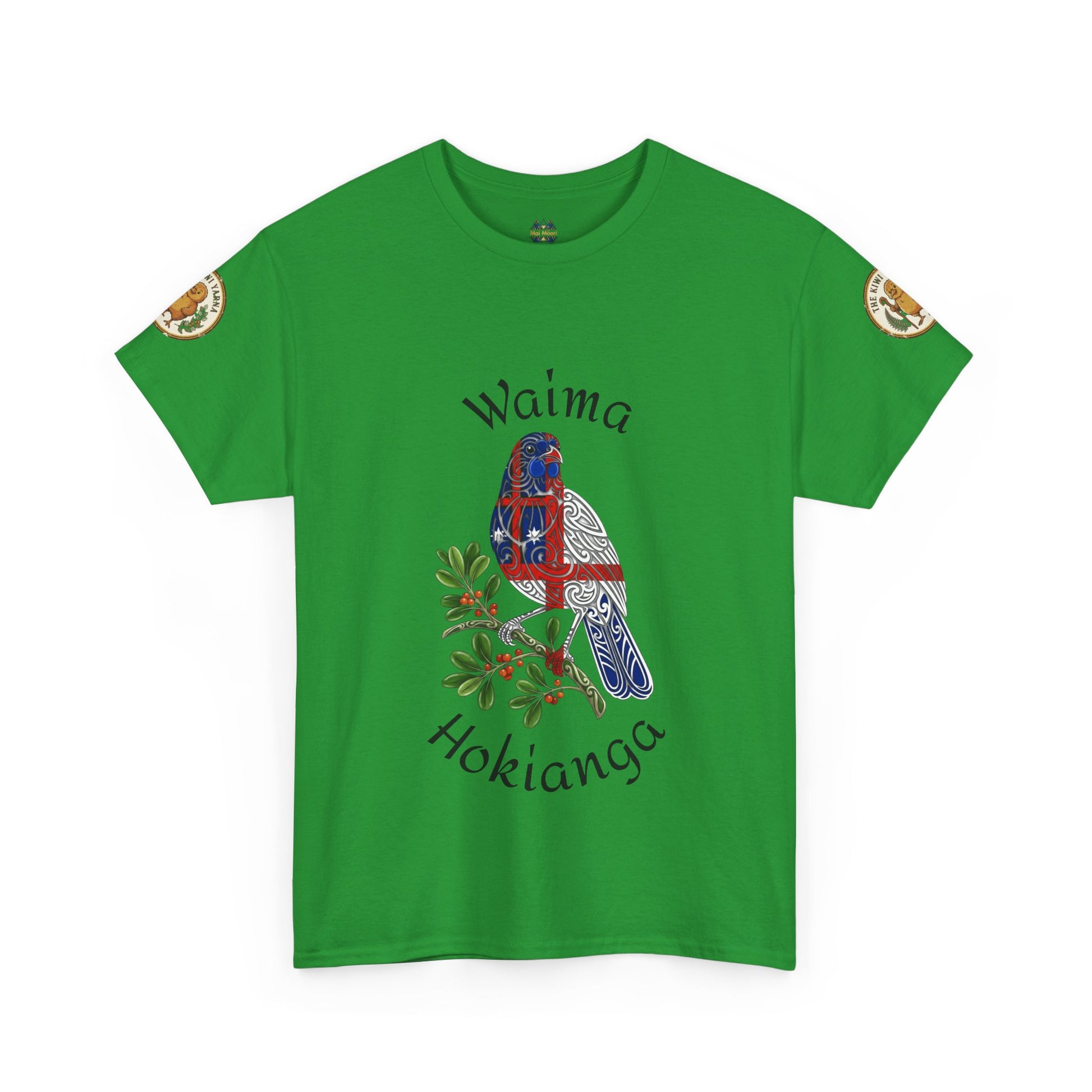 Green T-shirt with bird graphic and script print, crew neck, short sleeves.
