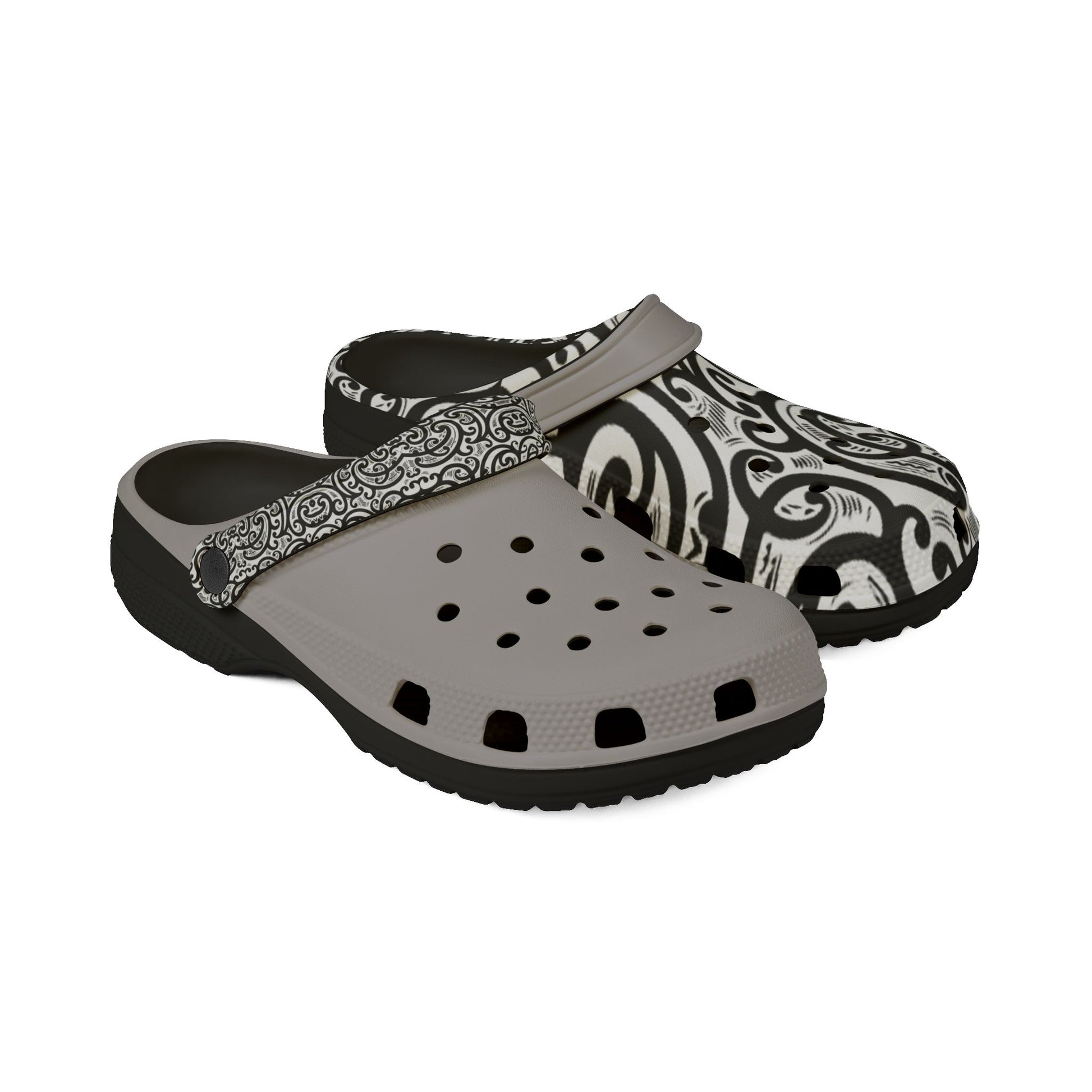 Croc-style clog with black-and-white patterned strap and gray perforated footbed