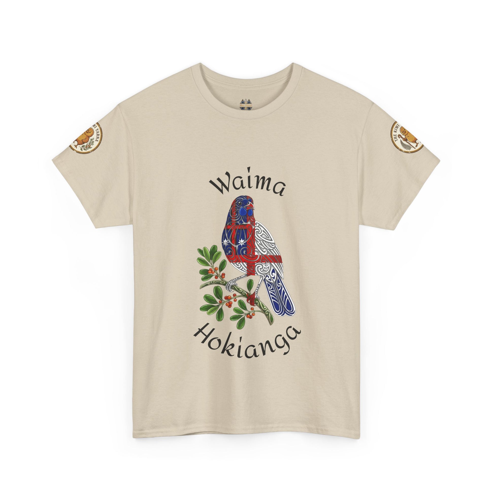 Beige graphic T-shirt with bird and leaf design, plus circular sleeve patches
