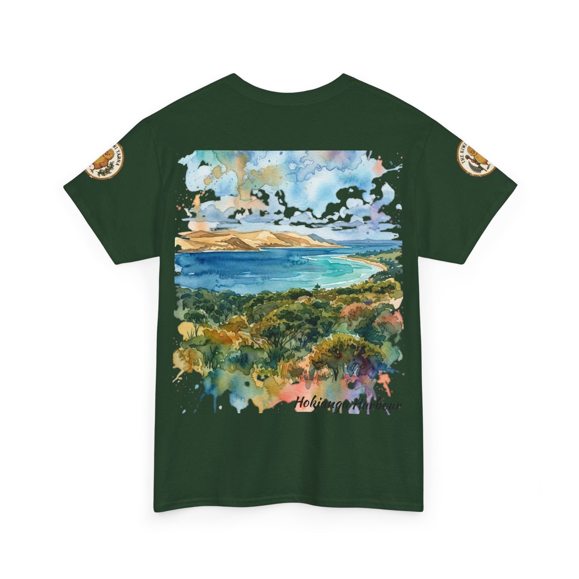 Olive green graphic T-shirt back view with large landscape print and small script