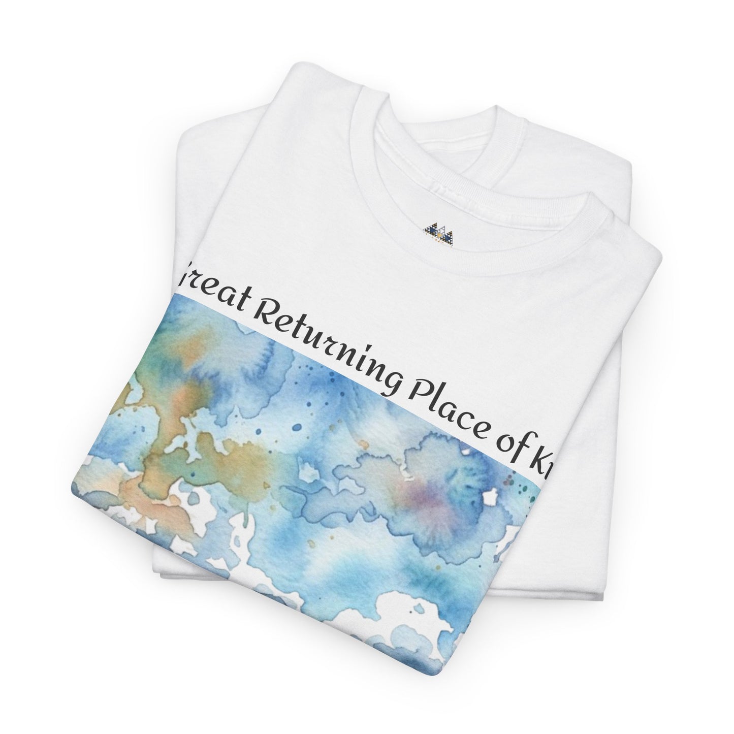 White crew-neck T-shirt with watercolor landscape artwork printed across the front