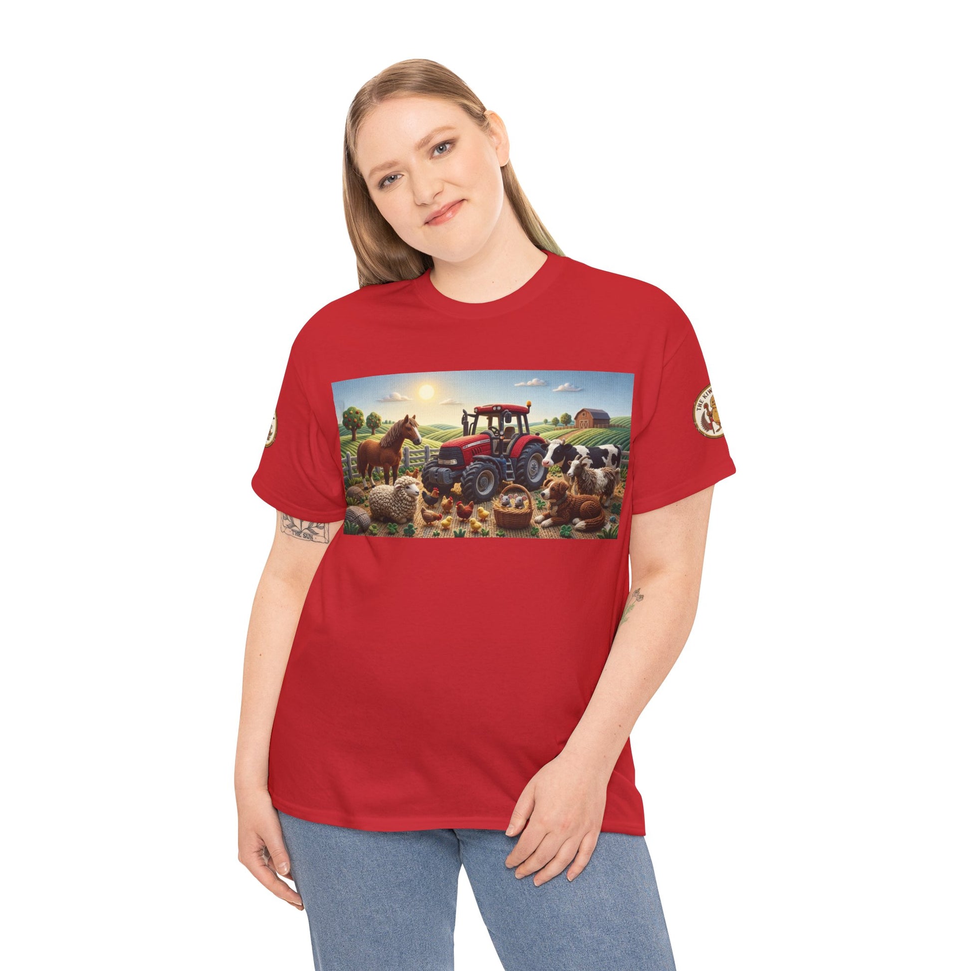 Red crewneck T-shirt with central farm tractor and animals graphic, short sleeves