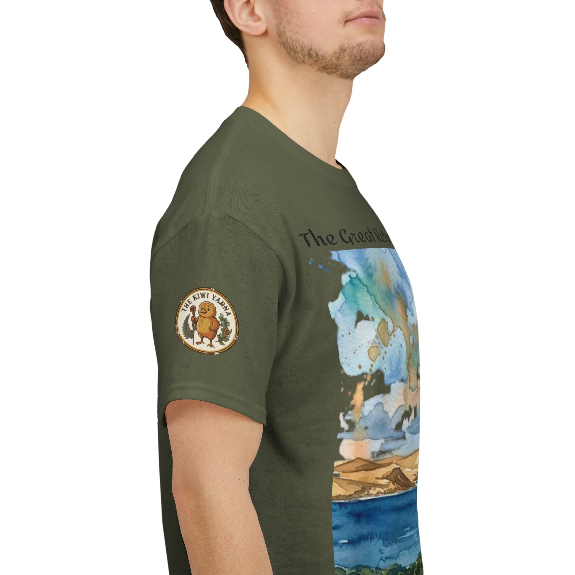 Olive green graphic T-shirt side view with round sleeve emblem