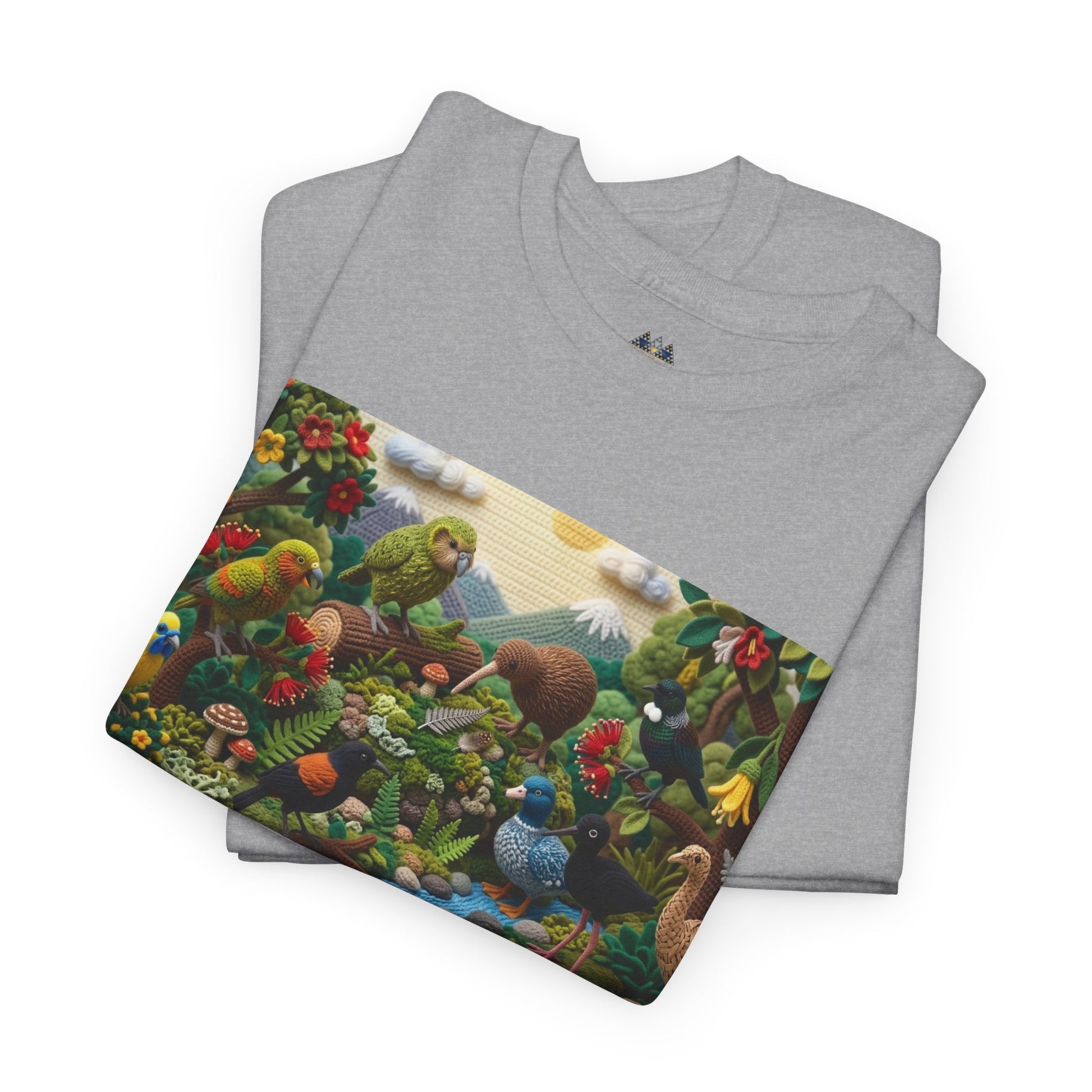 Heather gray T-shirt with colorful bird garden graphic panel