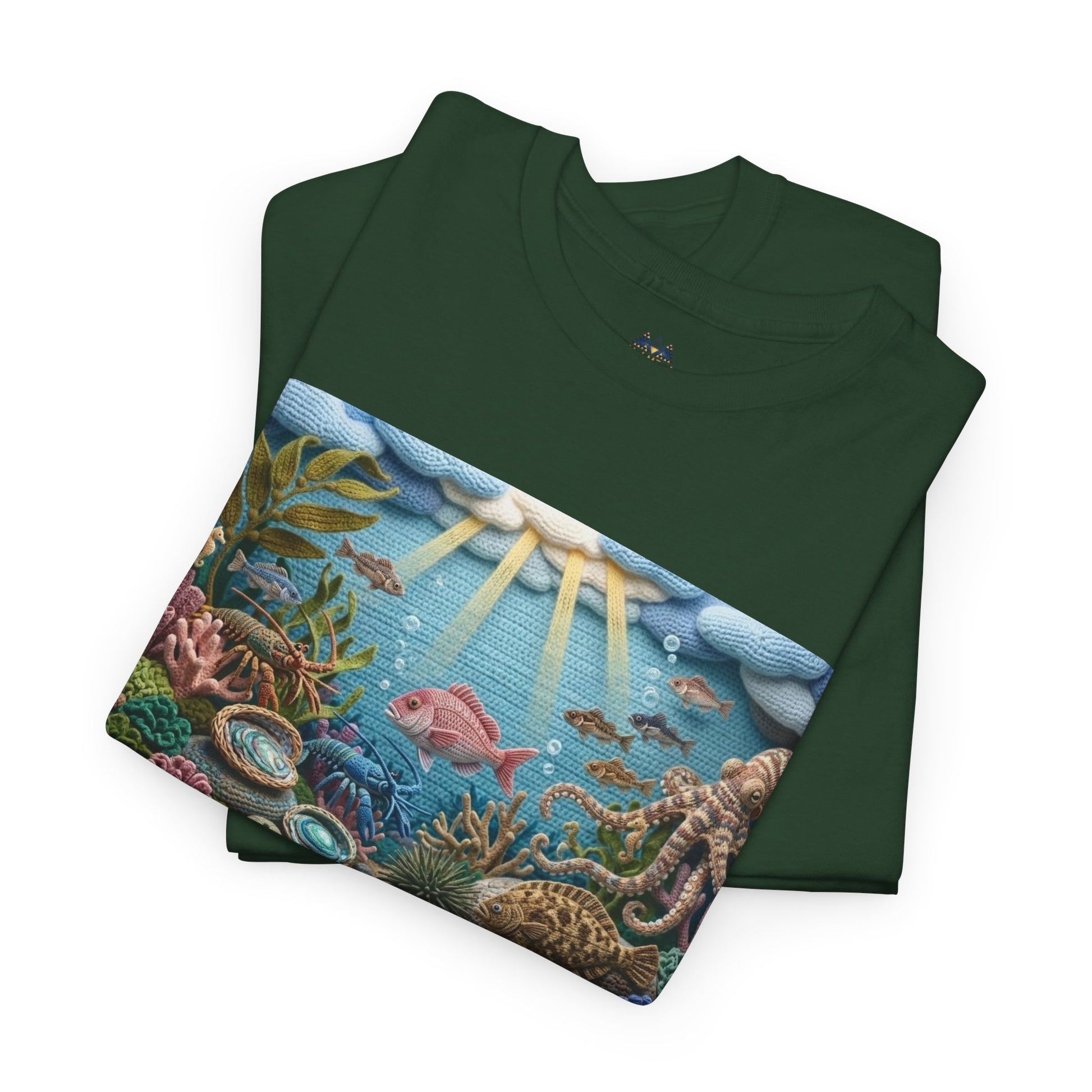 Dark green short-sleeve T-shirt laid flat with underwater scene panel graphic across front