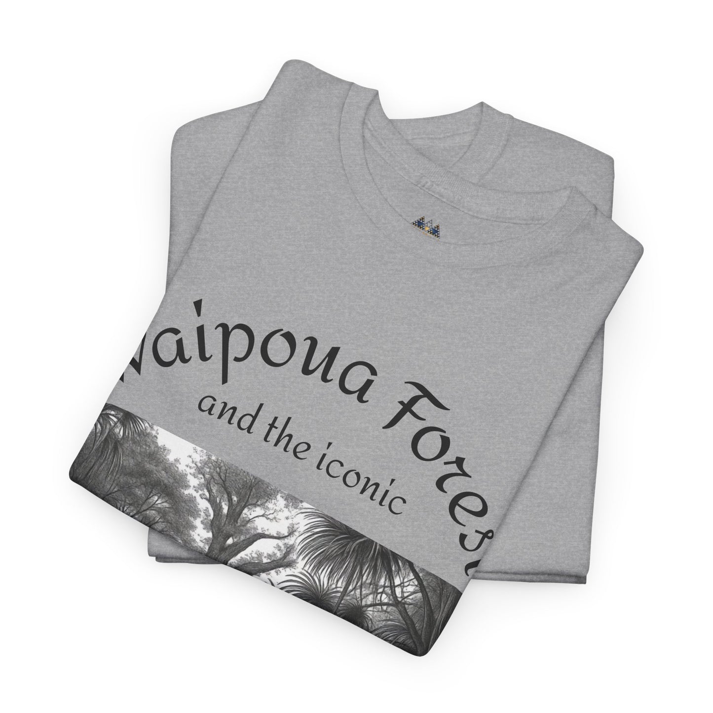Folded heather gray t-shirt with large forest artwork and script text