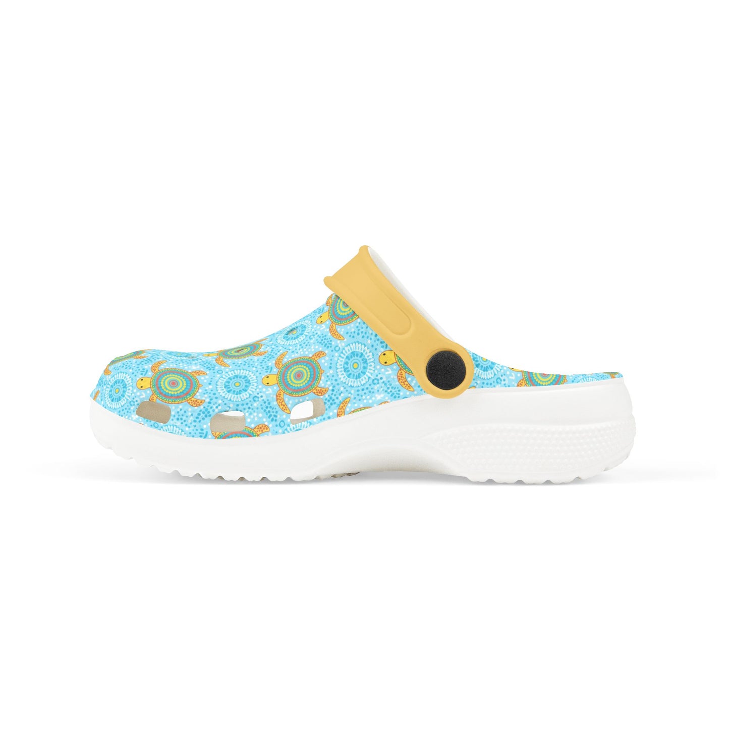 Light blue turtle-pattern clog shoe angled view with yellow heel strap and white sole