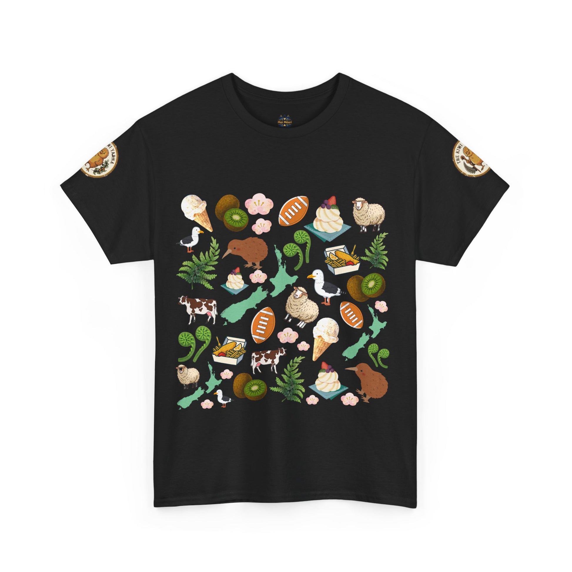 Black Kiwiana graphic T-shirt, crewneck, short sleeves, colorful bird and flora print