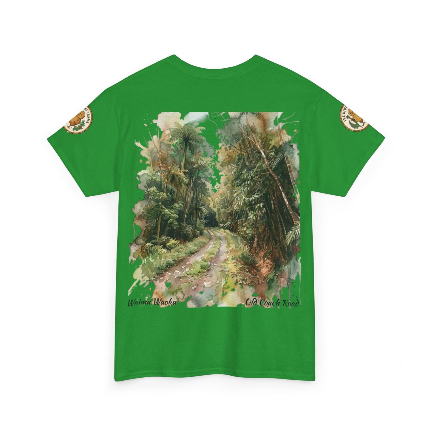 Green t-shirt with scenic path artwork and tropical foliage print