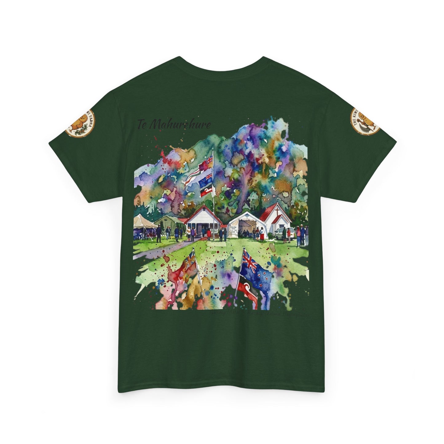 Dark green graphic T-shirt with colorful watercolor-style village print and sleeve patches