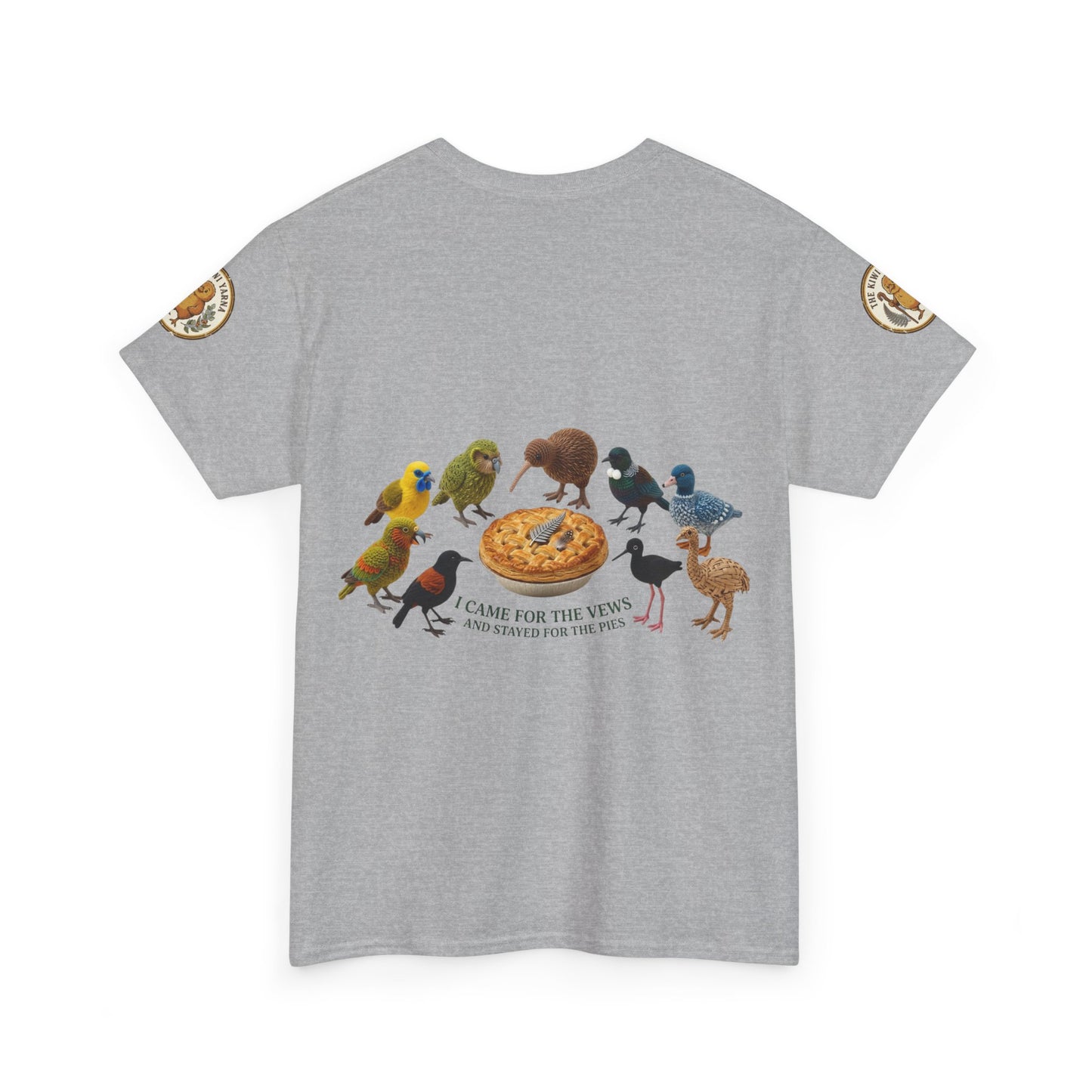 Heather gray graphic T-shirt with birds-and-pizza front print and round sleeve patches