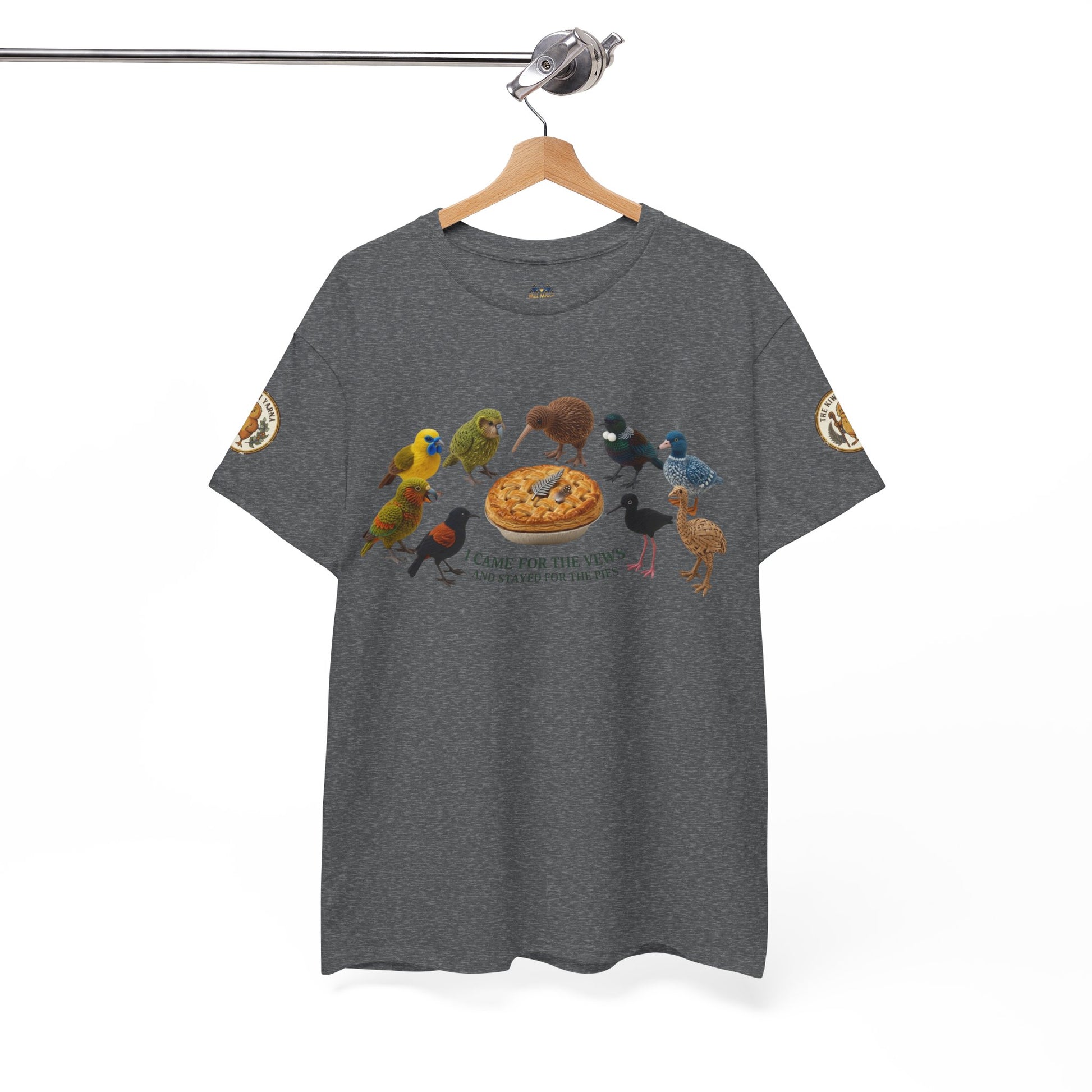 Heather gray graphic T-shirt with pizza center and colorful birds