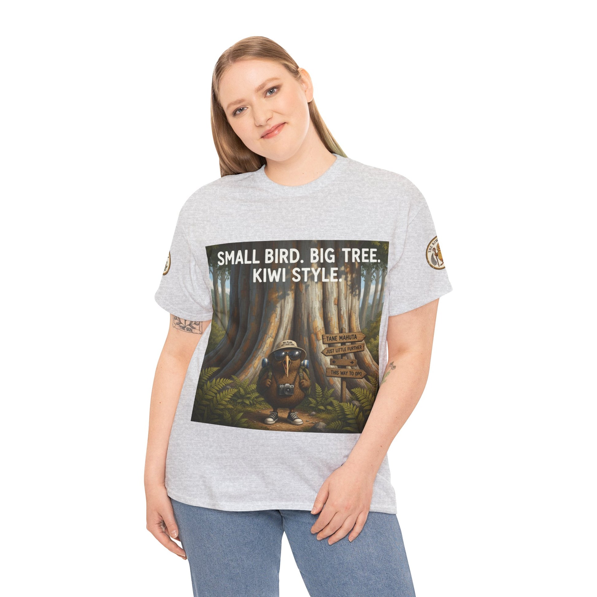 Heather gray T-shirt worn by model, featuring square front graphic with “KIWI STYLE” text