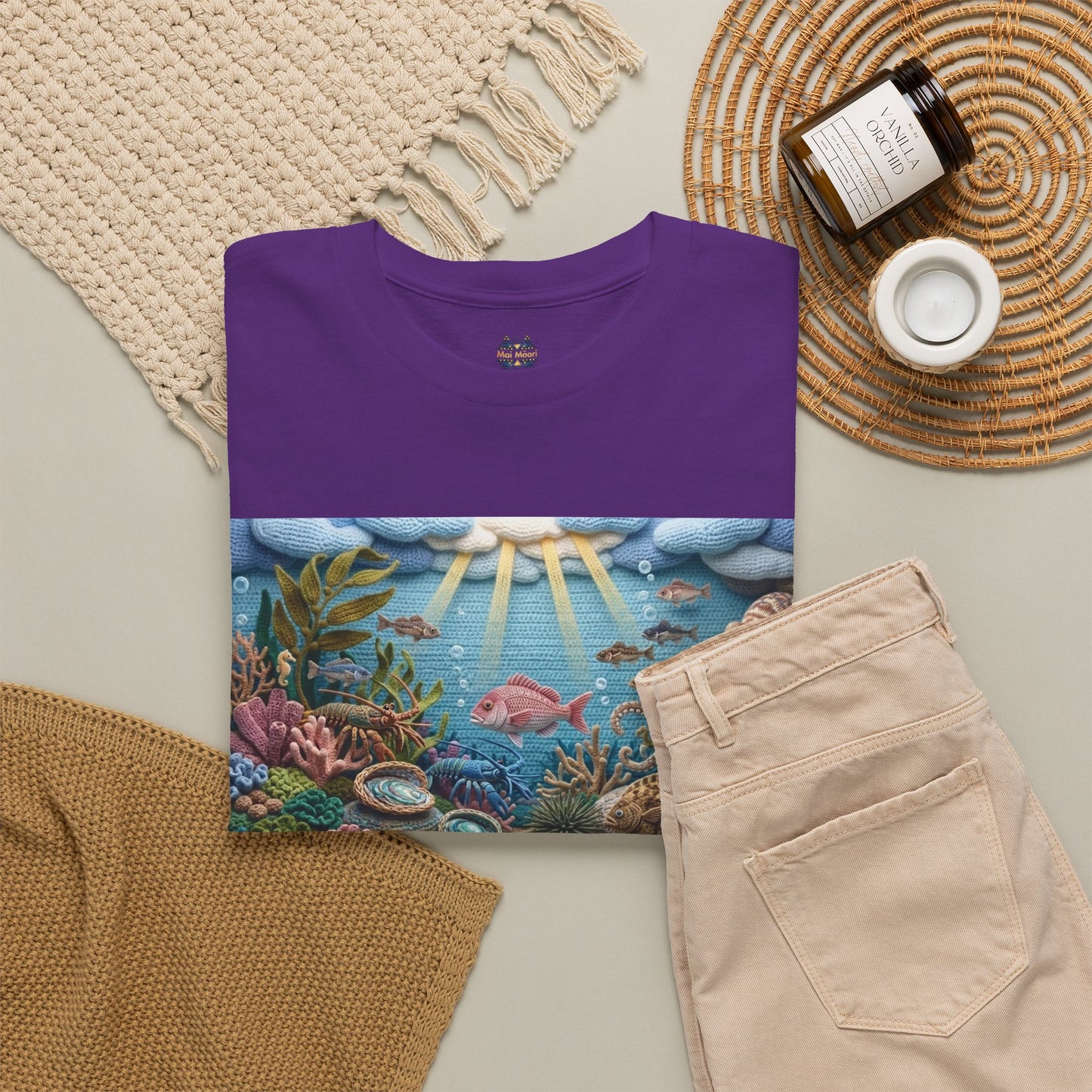 Purple crewneck T-shirt with undersea graphic panel across the chest and small emblem