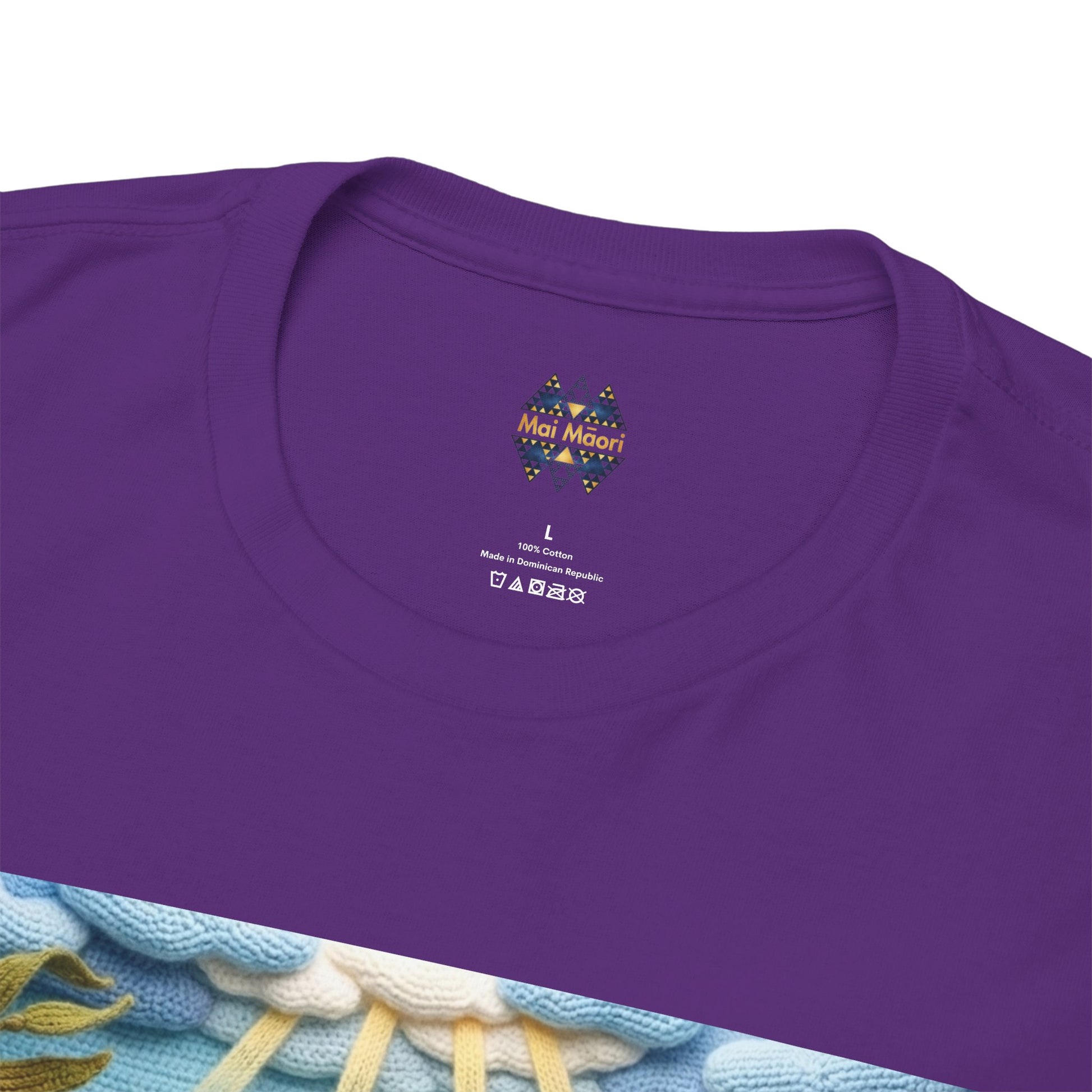Purple crewneck T-shirt with small chest logo and neck label text