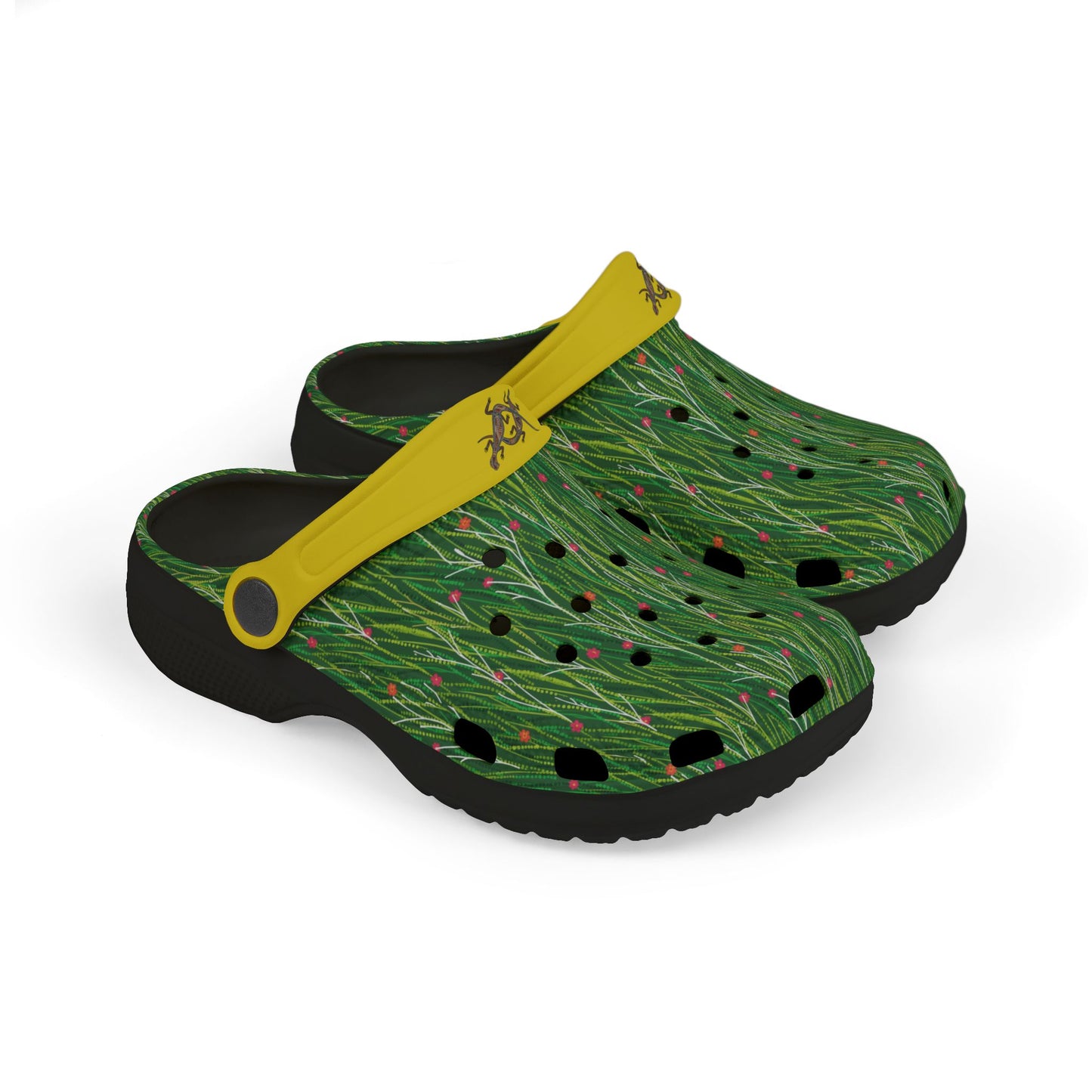 Green patterned slip-on clog with yellow strap and black sole, side view