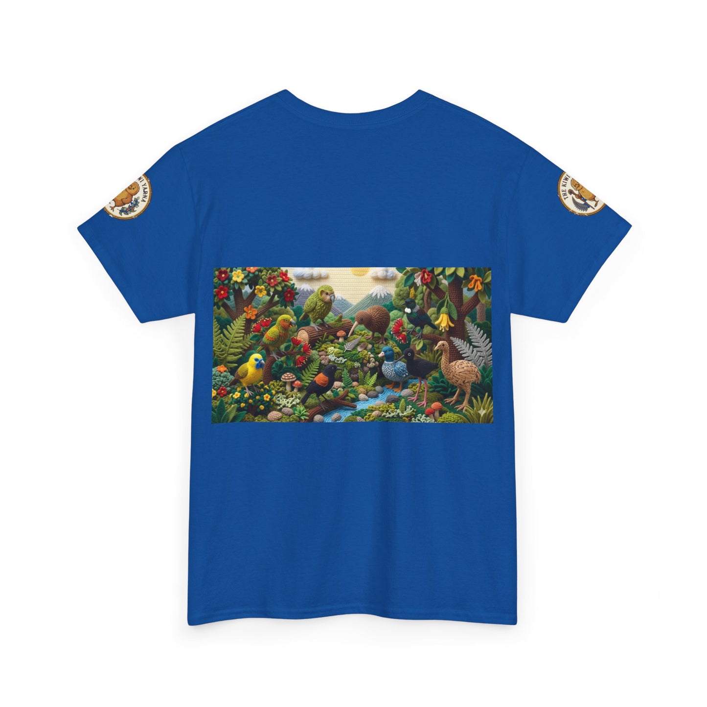 Royal blue graphic T-shirt with rectangular bird scene and sleeve logo patches