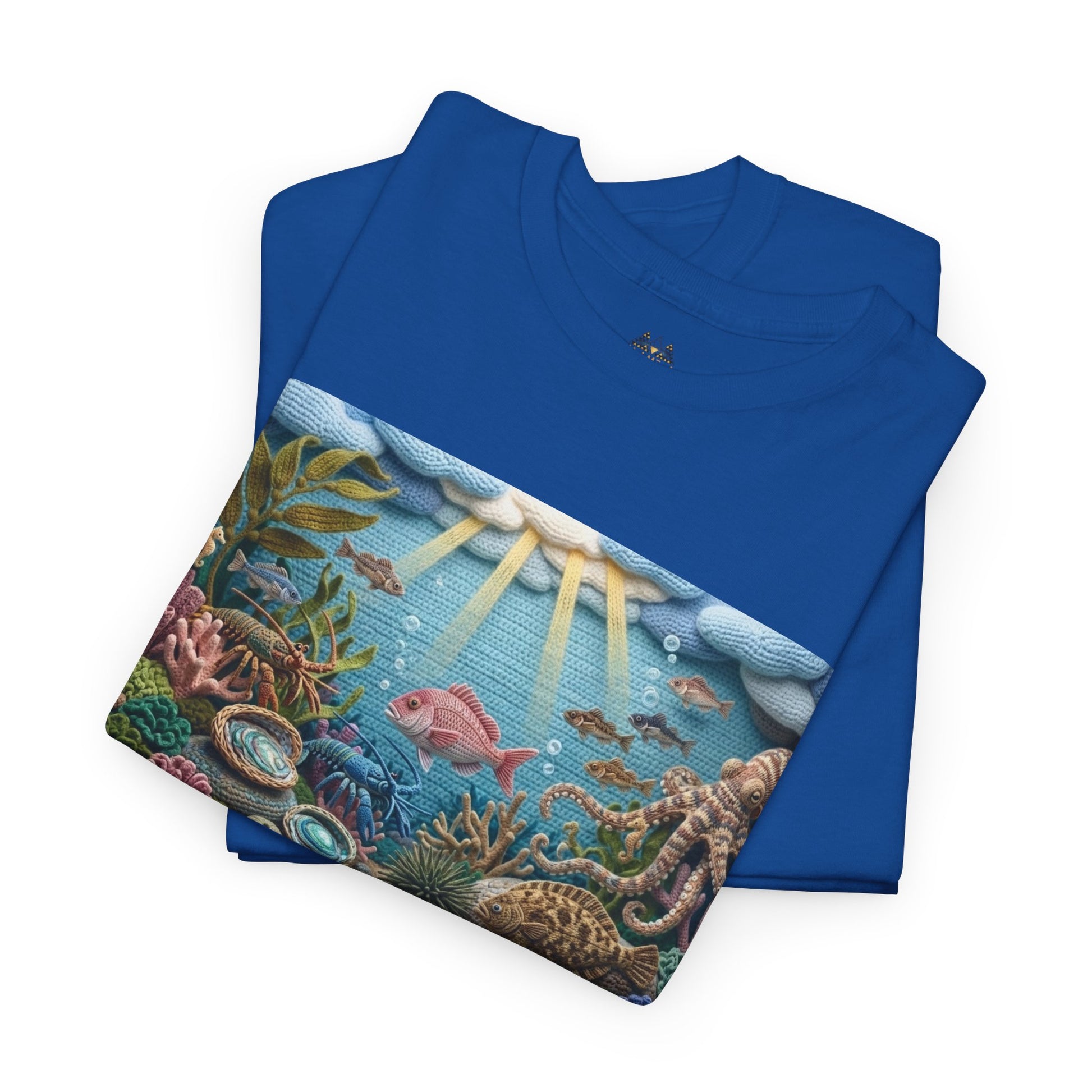 Blue T-shirt with rectangular undersea graphic panel across the front