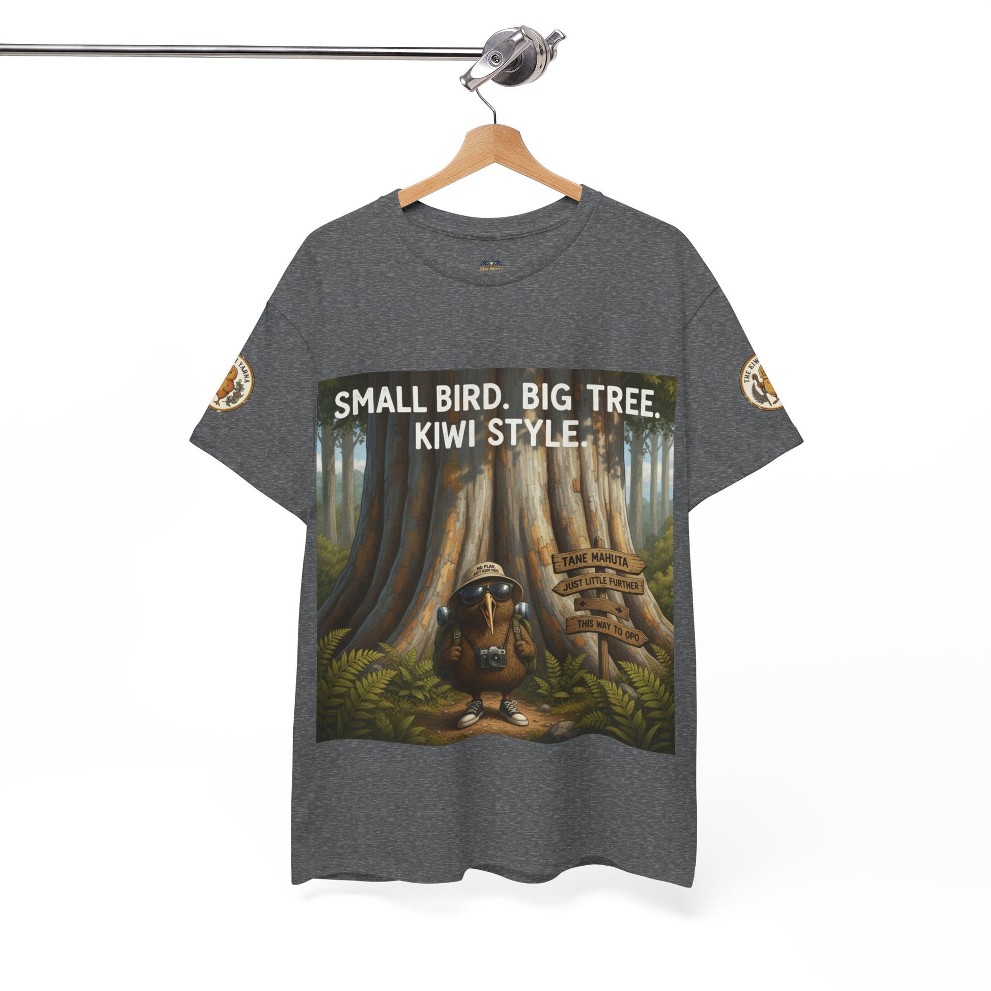 Dark gray kids graphic T-shirt with forest scene and “Kiwi Style” text on front