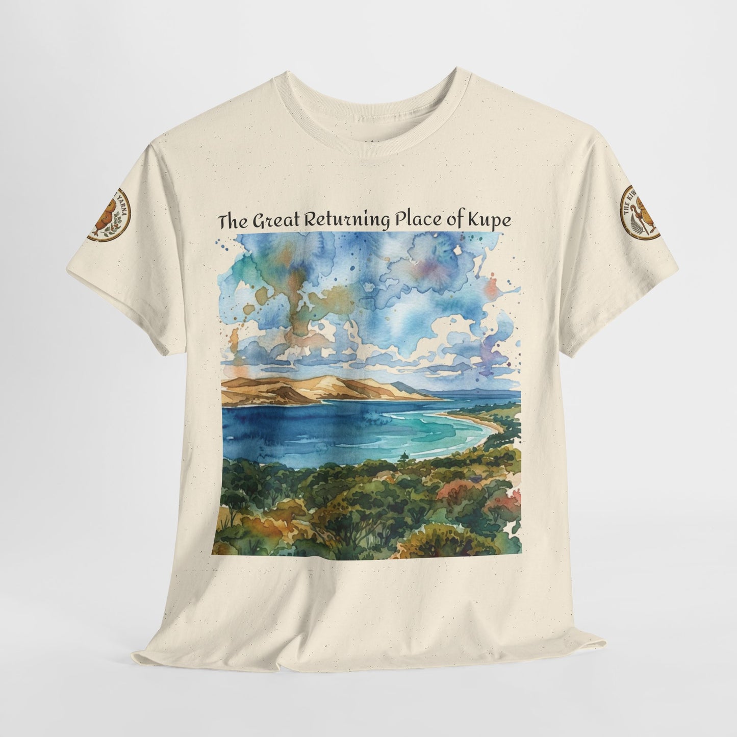 Cream T-shirt with centered landscape print and small shoulder logo patches