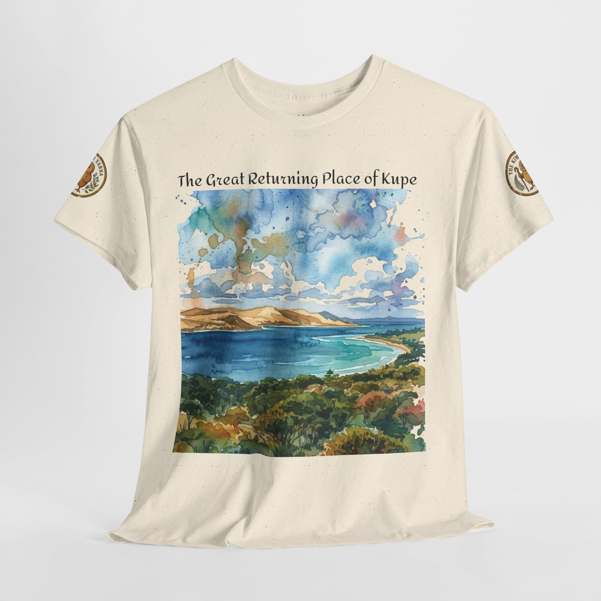 Cream T-shirt with centered landscape print and small shoulder logo patches