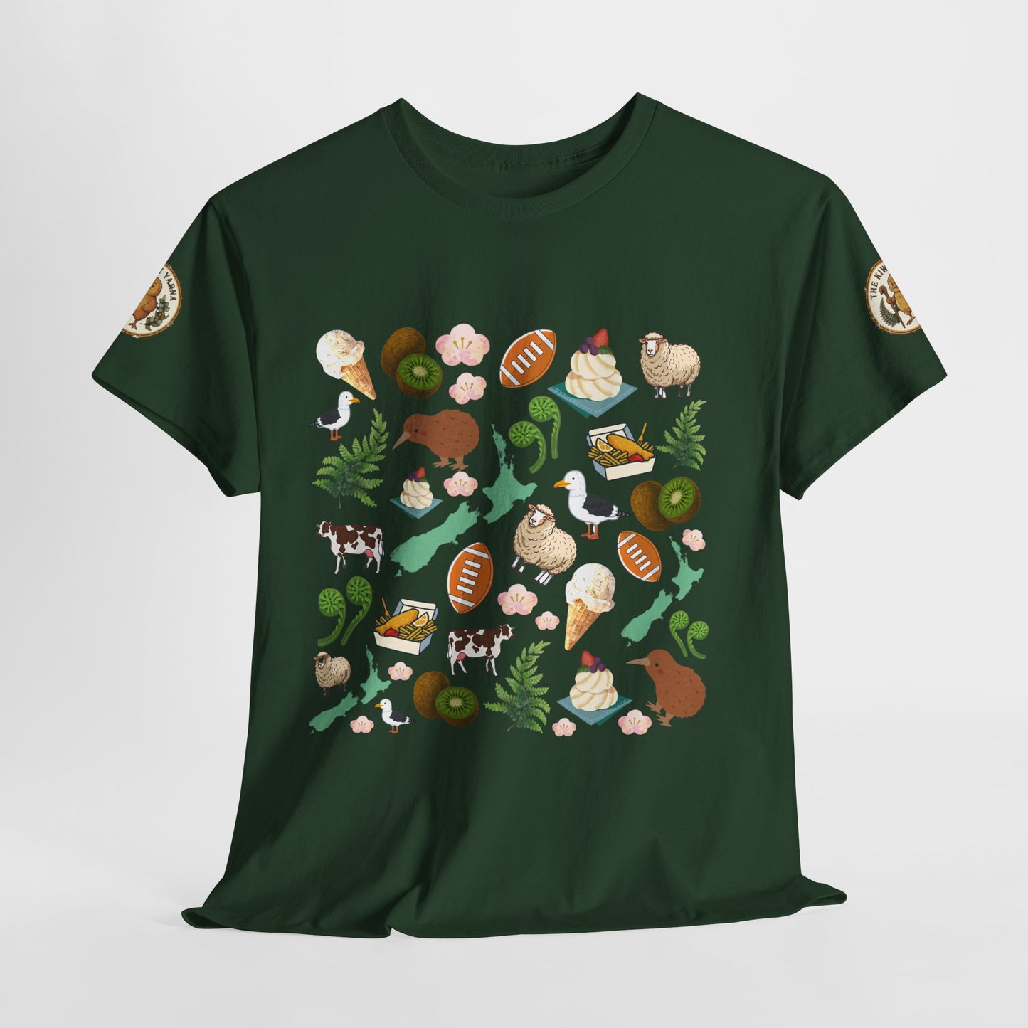 Dark green crew-neck short-sleeve T-shirt with colorful collage graphic on the front