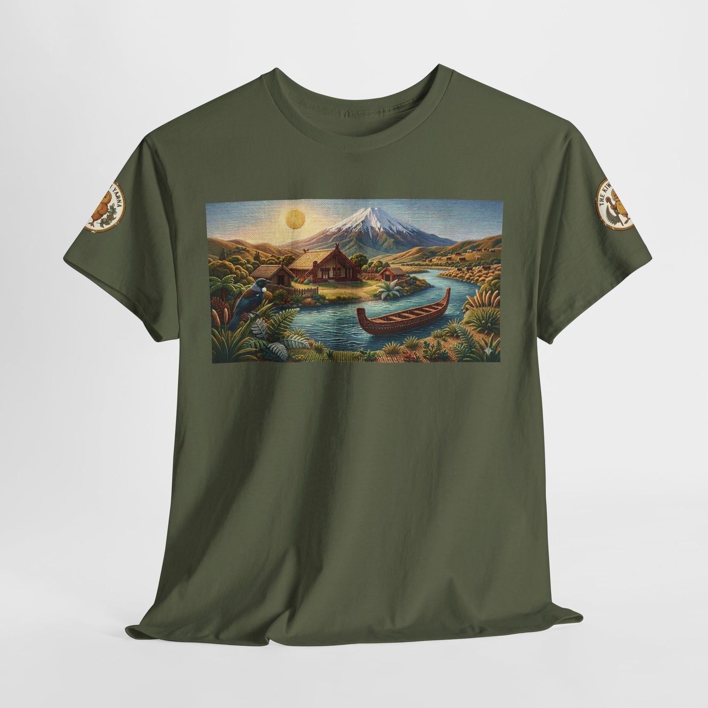 Olive green crewneck graphic T-shirt with rectangular landscape print and sleeve patches