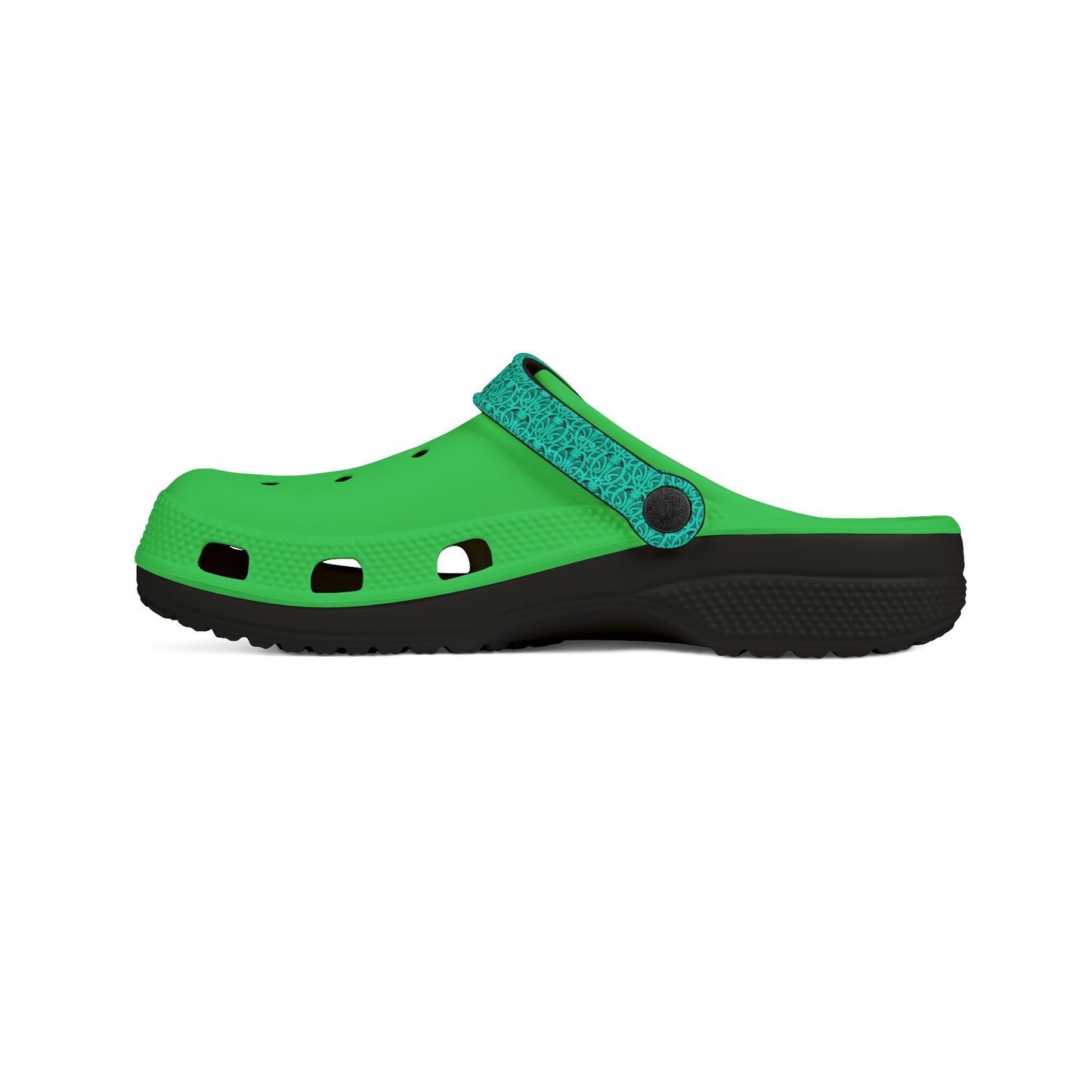 Green slip-on clogs with teal patterned upper, perforated toe, and black sole