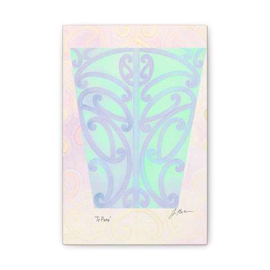 Te Puru canvas art print, pastel Maori motif in teal, green, and purple