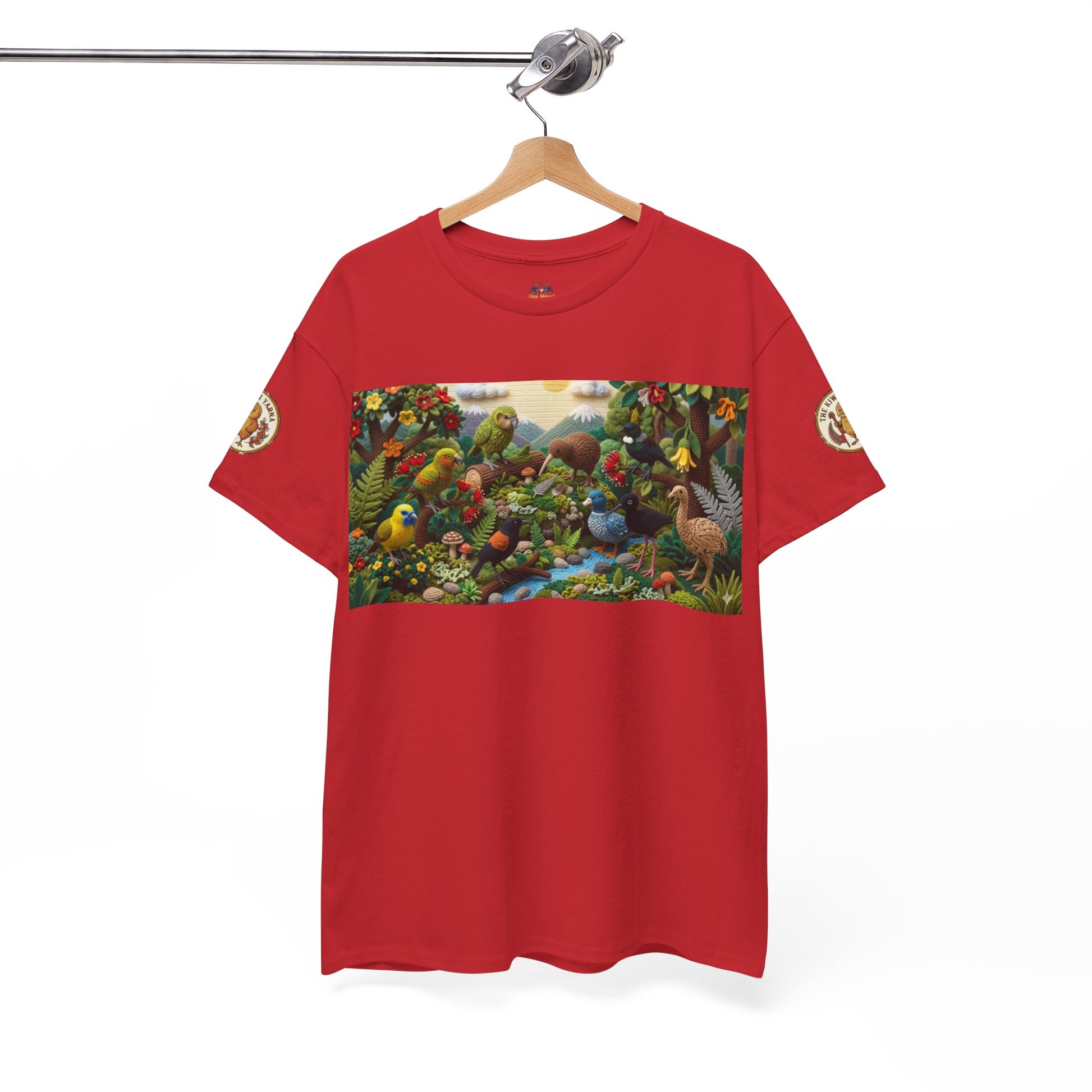 Red T-shirt with wide scenic birds and foliage graphic across the chest