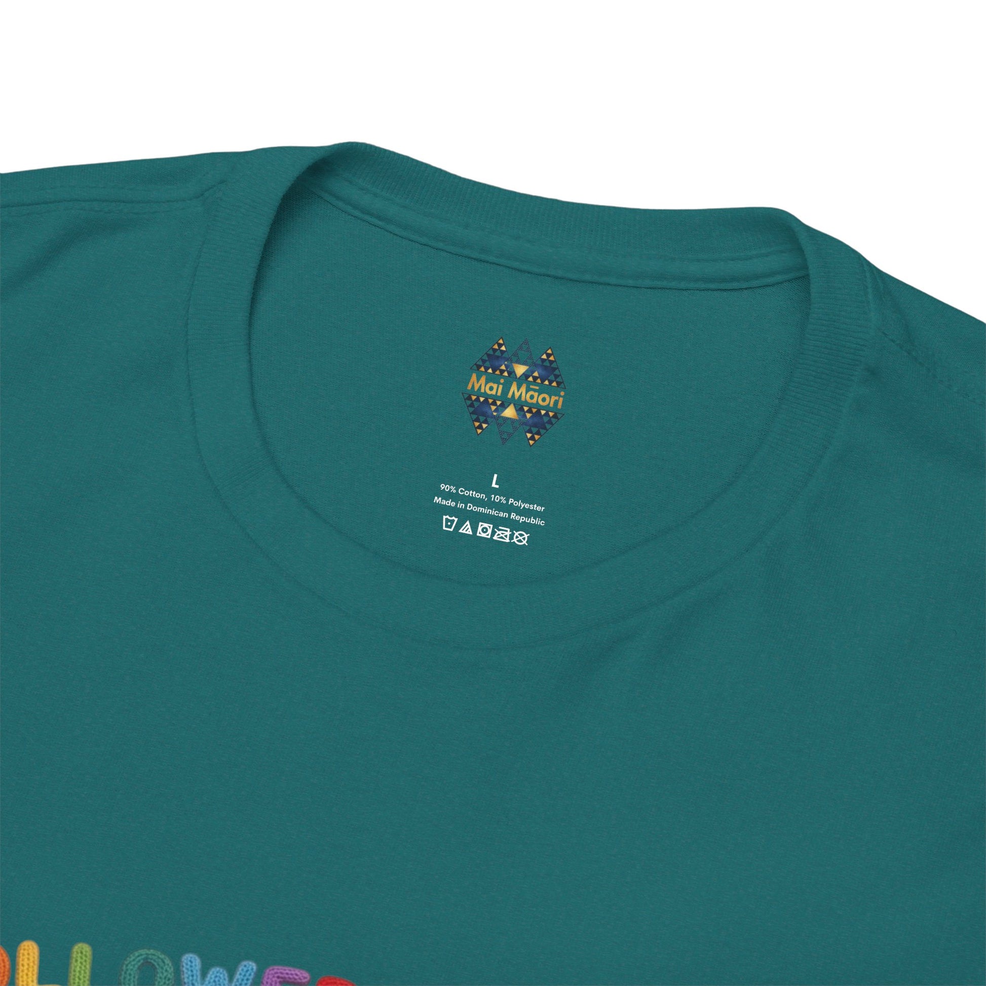 Teal crewneck T-shirt neckline with small brand label and size graphic